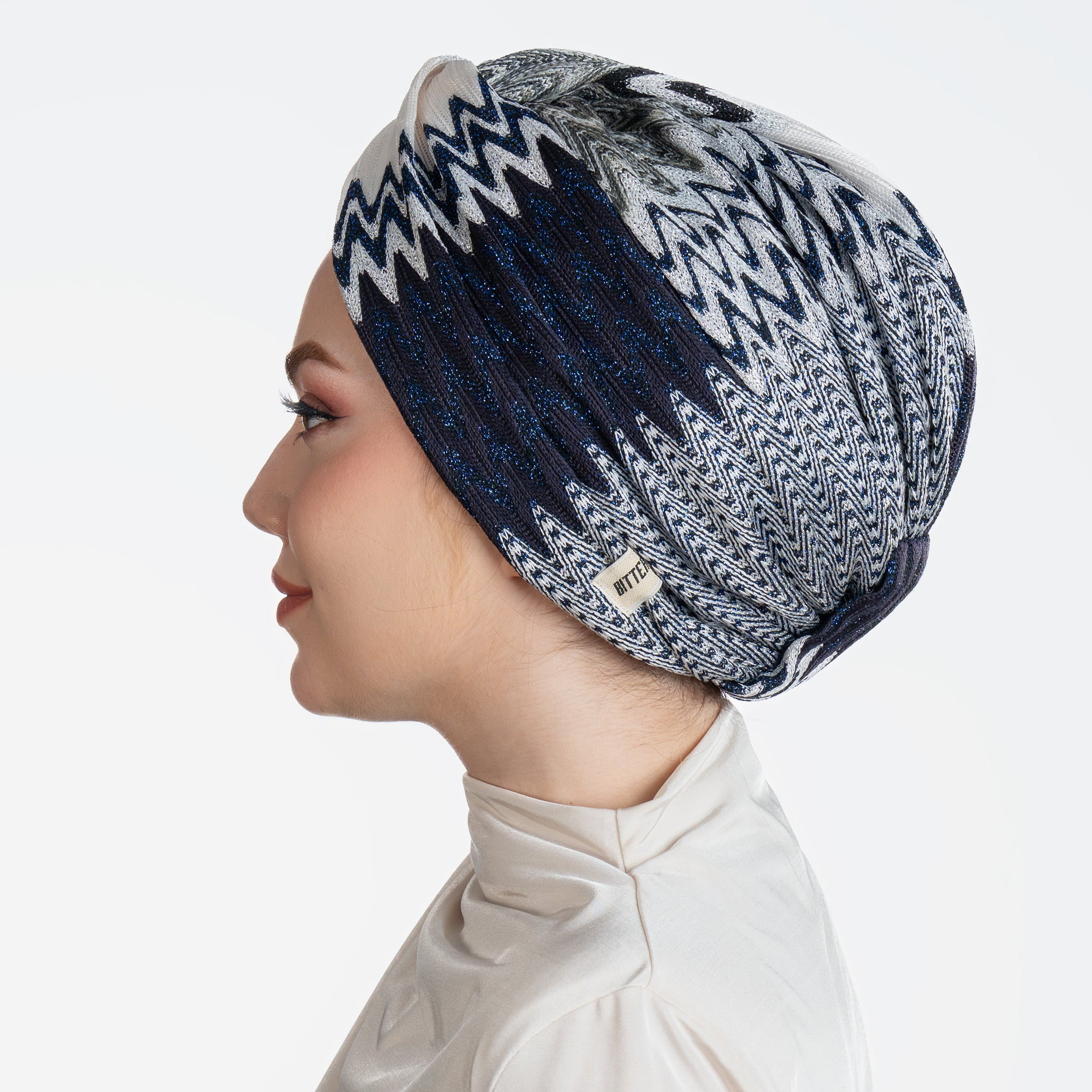 Barcelona Twisted Turban - Navy and White Zigzag Pattern Knit Fabric