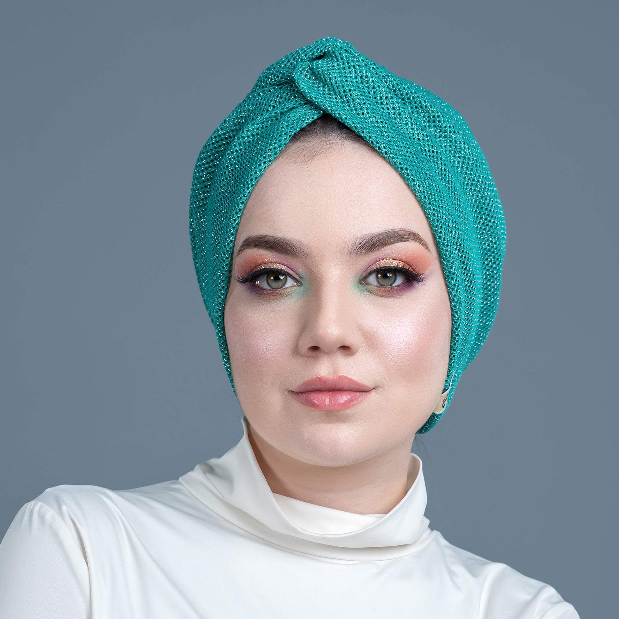 X Burgulu Büzgülü Bone - Mint Yeşili - Simli Örme Kumaş