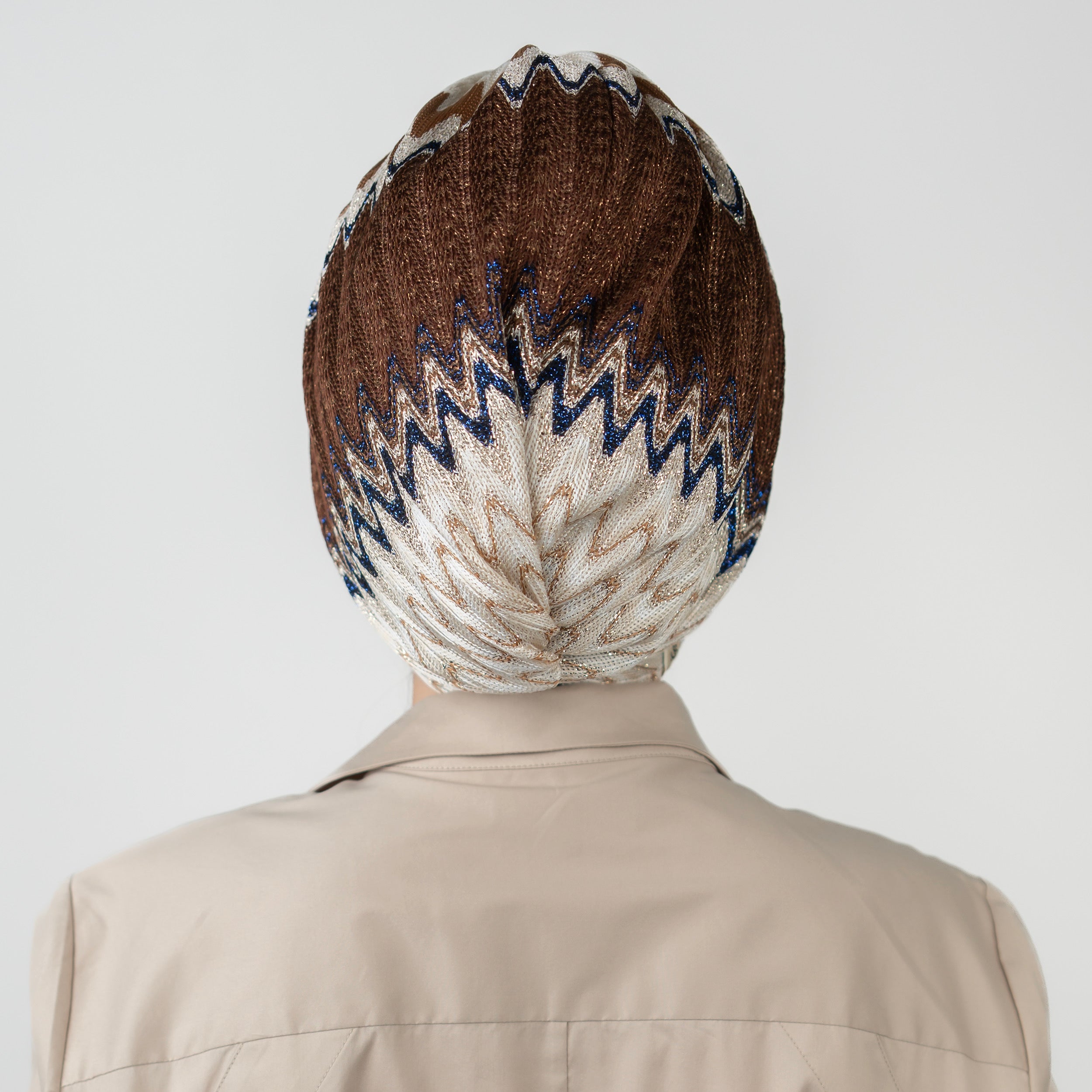 ZigZag Patterned Gathered Bonnet - Flexible Knitted Glitter Fabric - Multicolored - Bitter Navy Brown - BitterColors