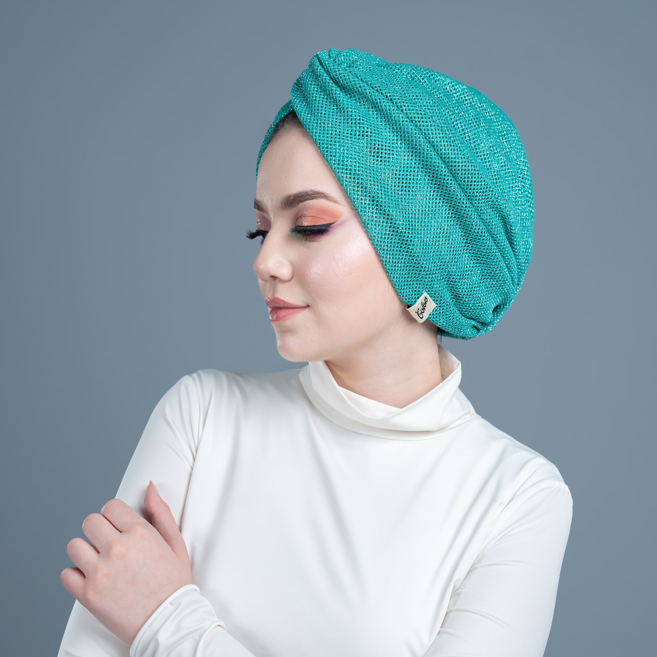 X Burgulu Büzgülü Bone - Mint Yeşili - Simli Örme Kumaş