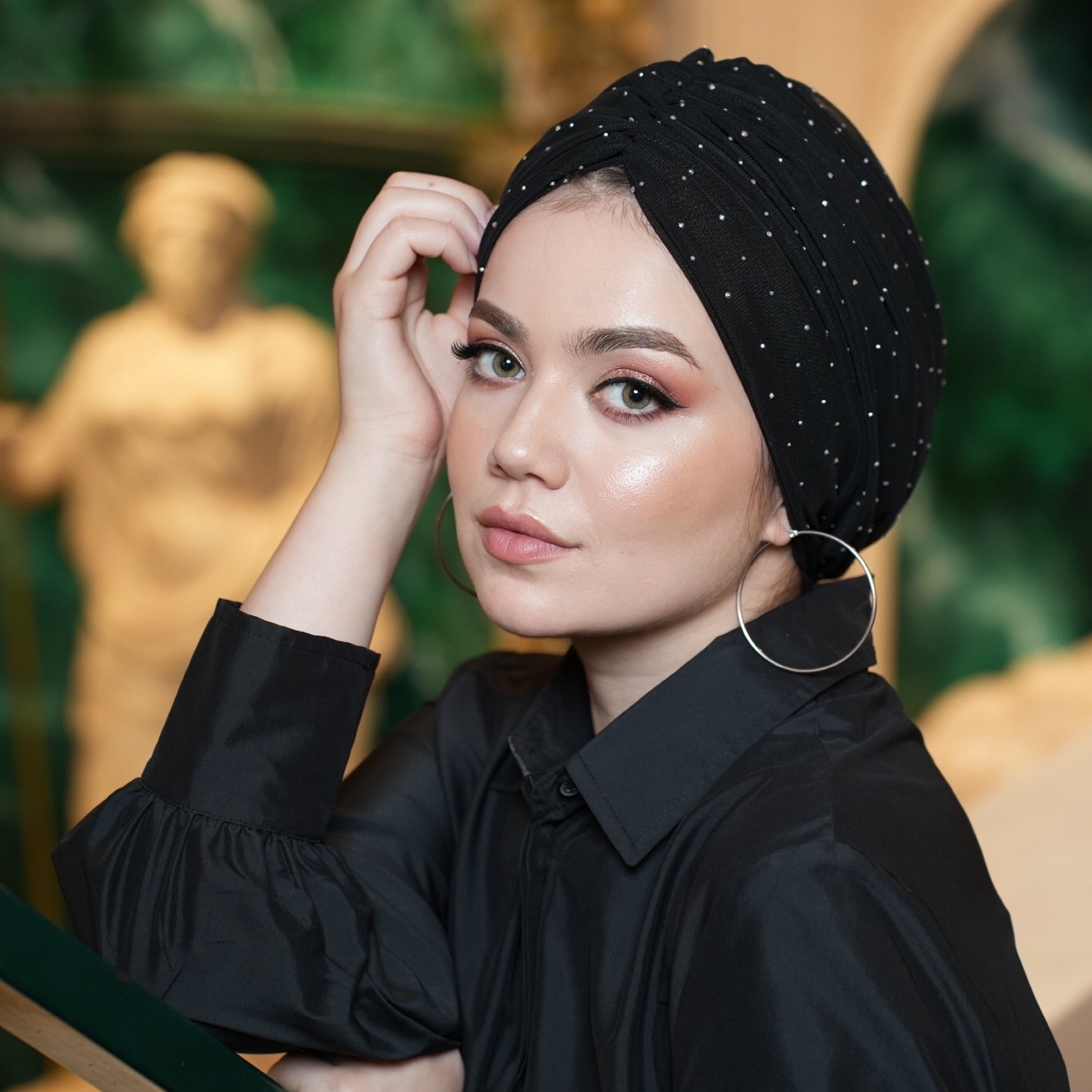 Milano Büzgülü Bone - Taş Işıltılı Esnek Kumaş