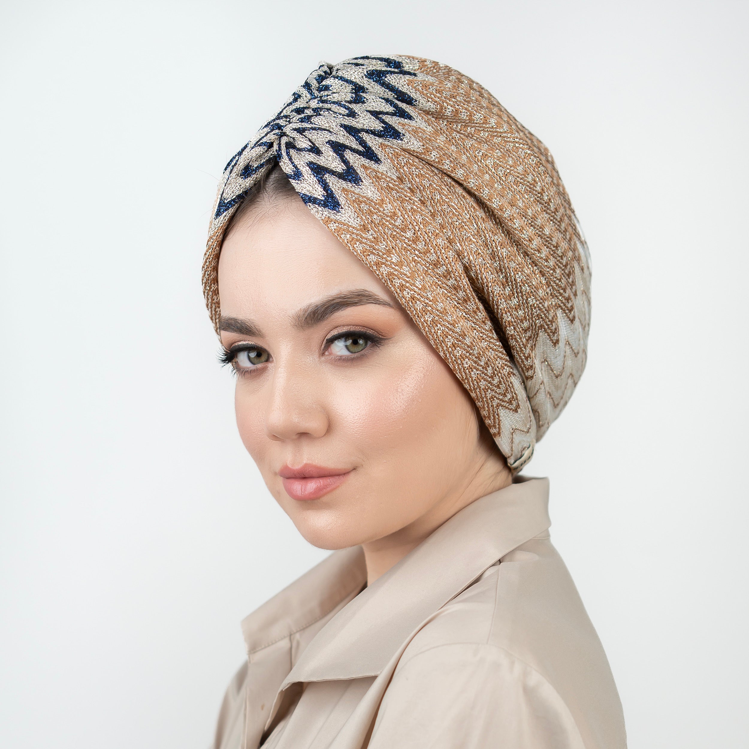 ZigZag Patterned Gathered Bonnet - Flexible Knitted Glitter Fabric - Multicolored - Bitter Navy Brown - BitterColors
