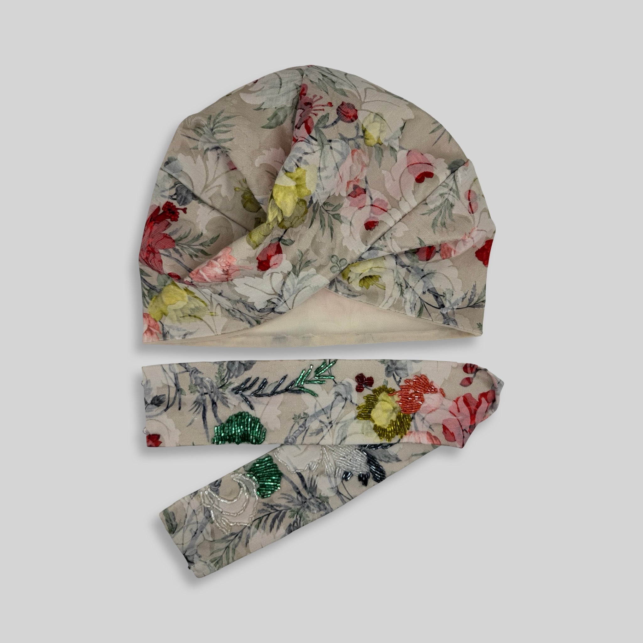 Paris Bantlı Bone - Boncuk İşlemeli Çiçekli Dokuma Kumaş