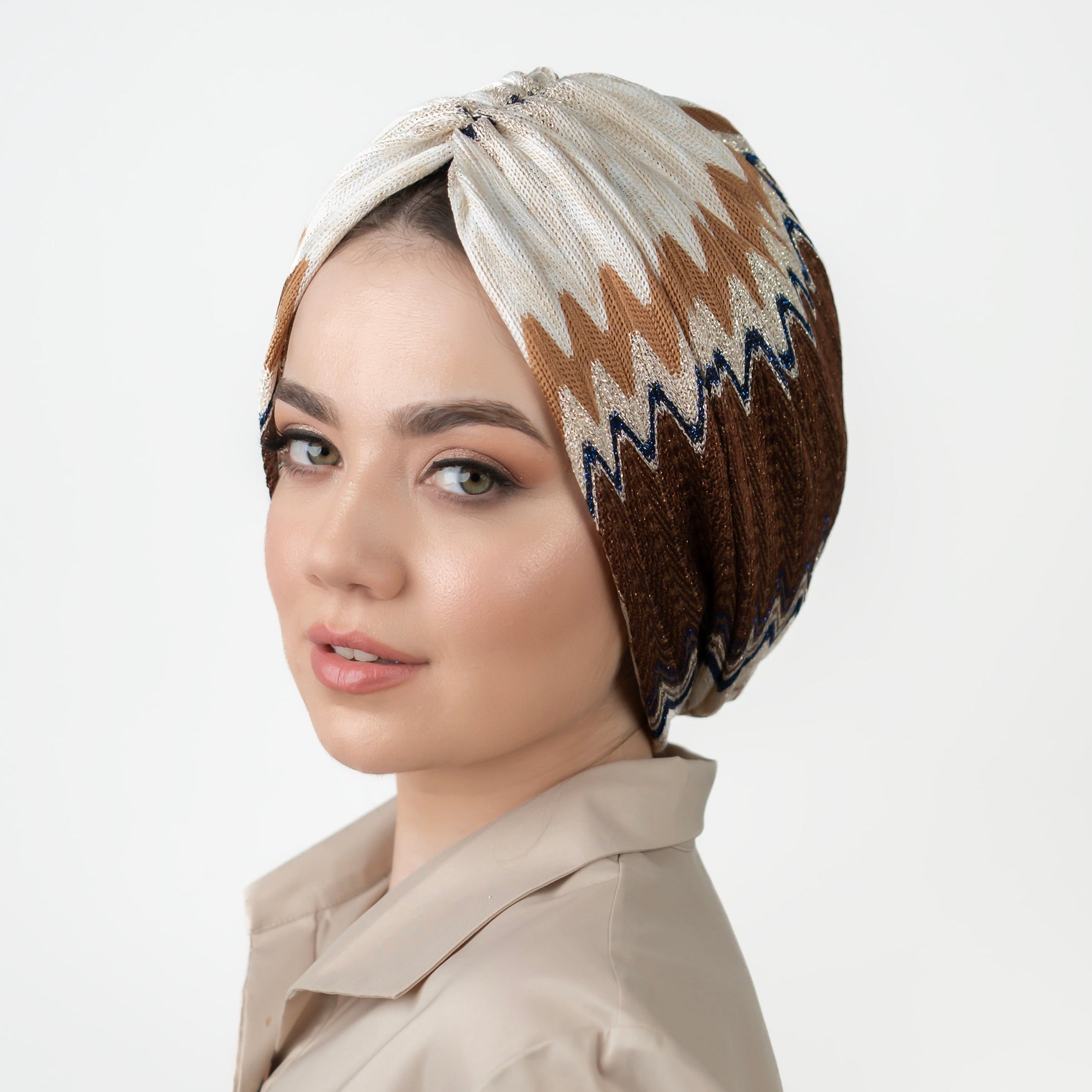 ZigZag Patterned Gathered Bonnet - Flexible Knitted Glitter Fabric - Multicolored - Bitter Navy Brown - BitterColors
