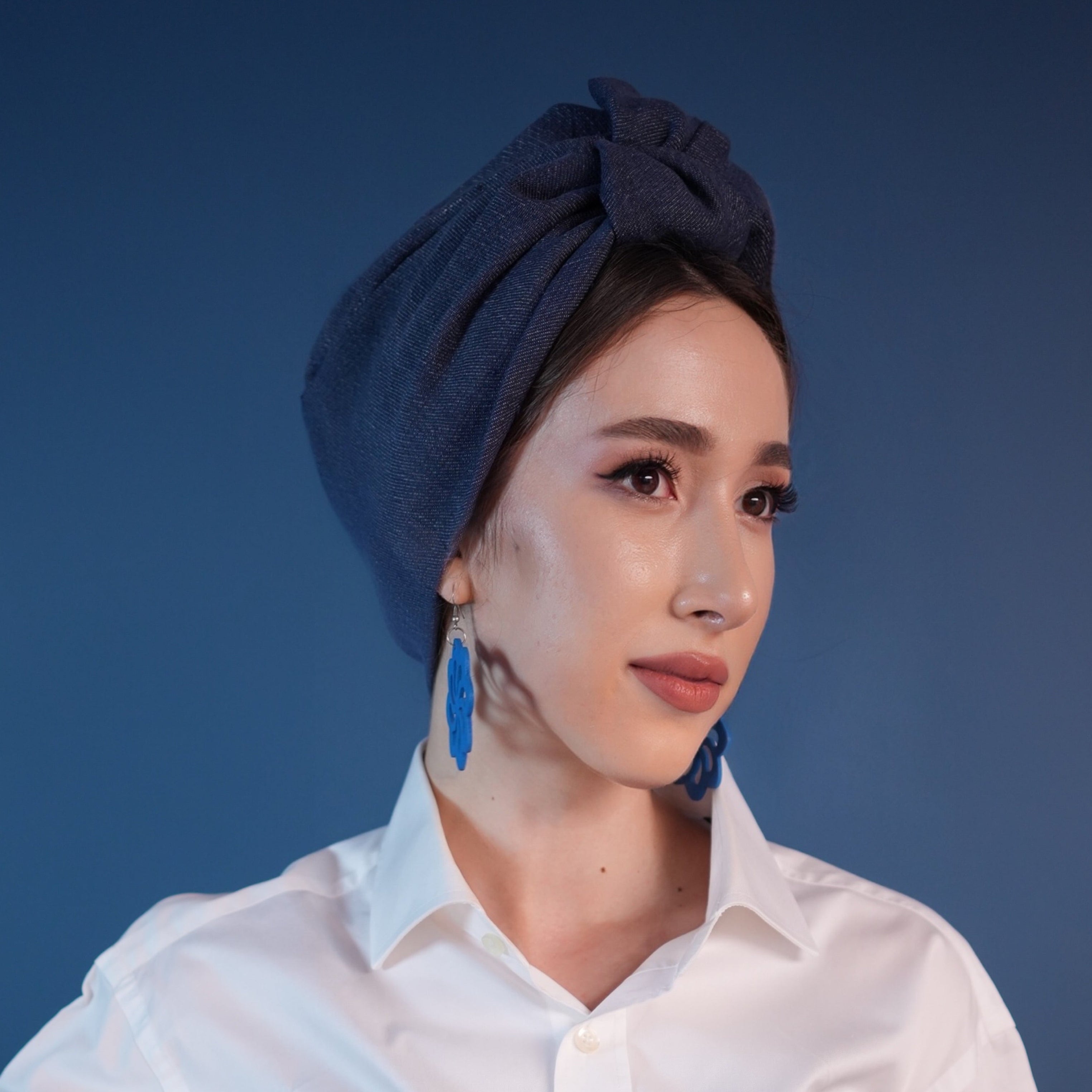 Venüs Düğümlü Bone - Mavi Renkli - Kot Kumaş