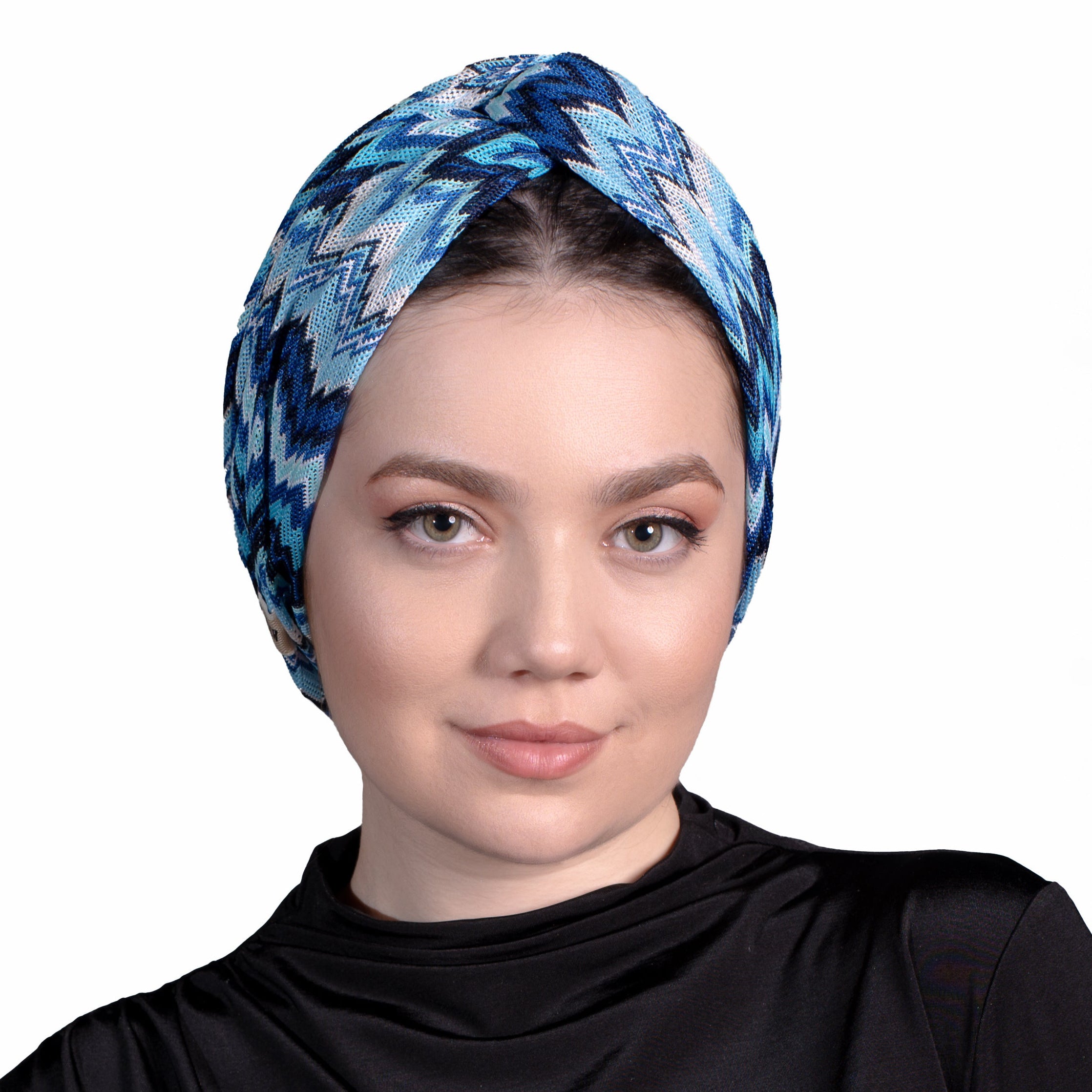 Barcelona Twisted Turban - Blue Zigzag Pattern Knit Fabric