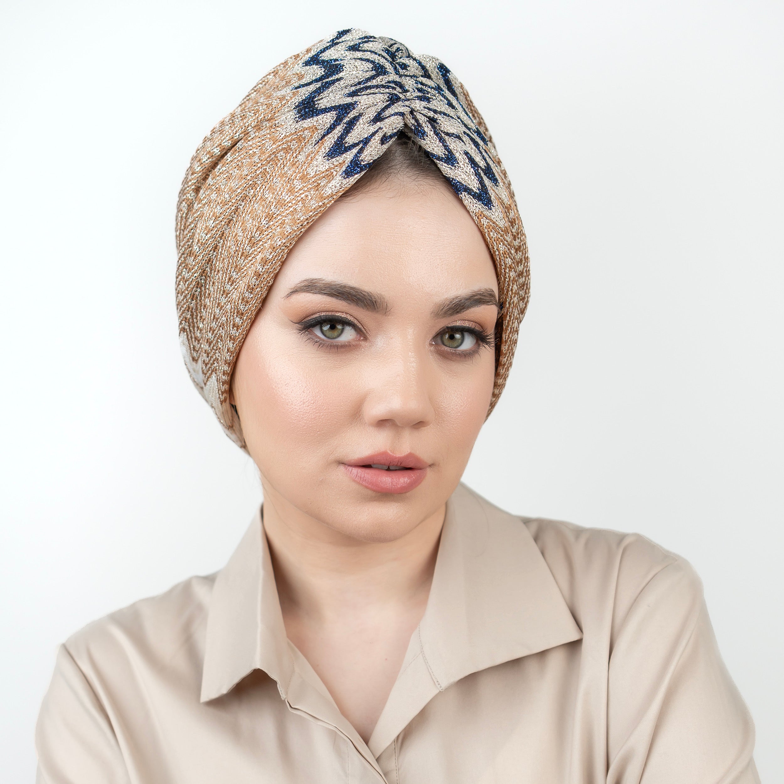 ZigZag Patterned Gathered Bonnet - Flexible Knitted Glitter Fabric - Multicolored - Bitter Navy Brown - BitterColors