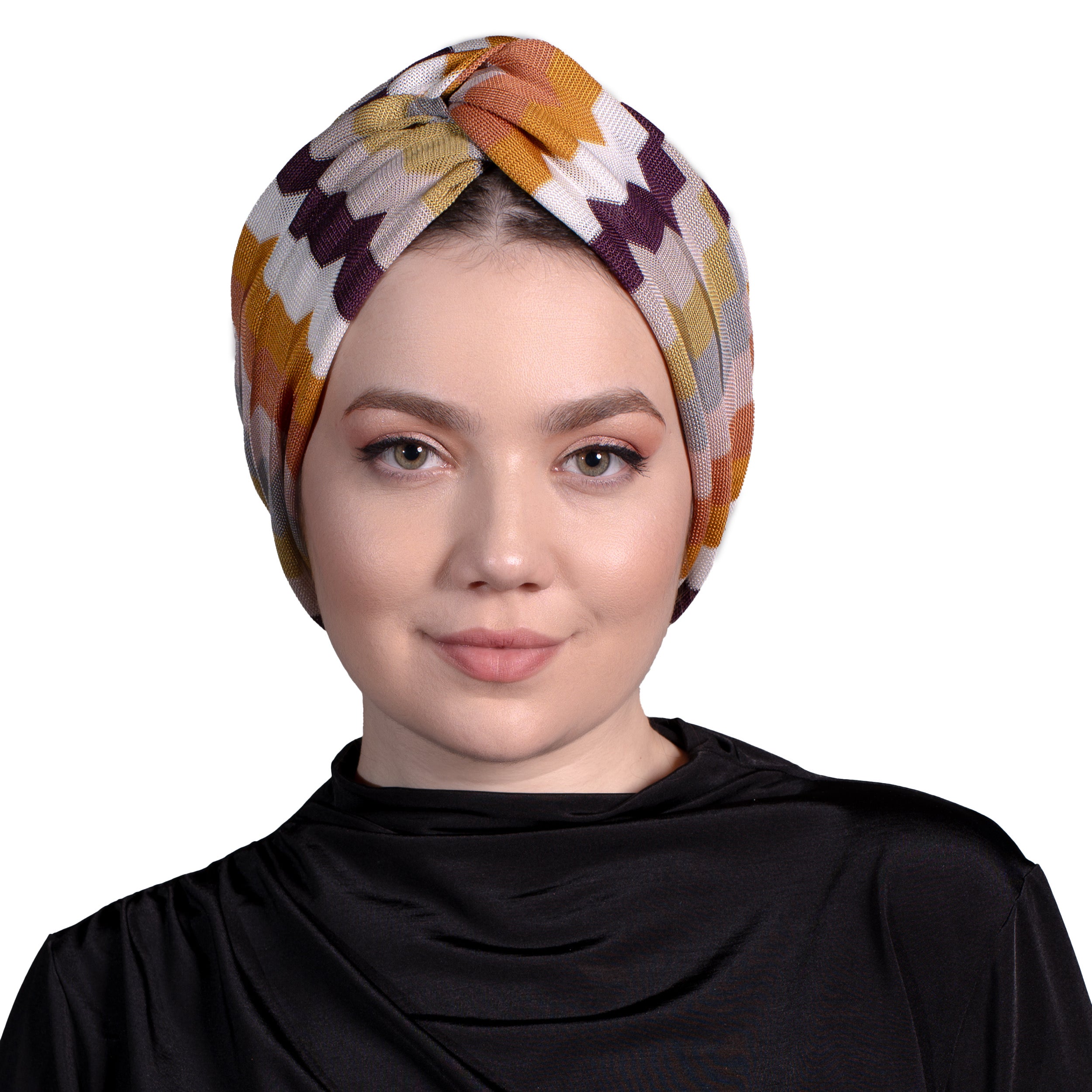 Barcelona Burgulu Bone - Turuncu Zikzak Desenli Örme Kumaş