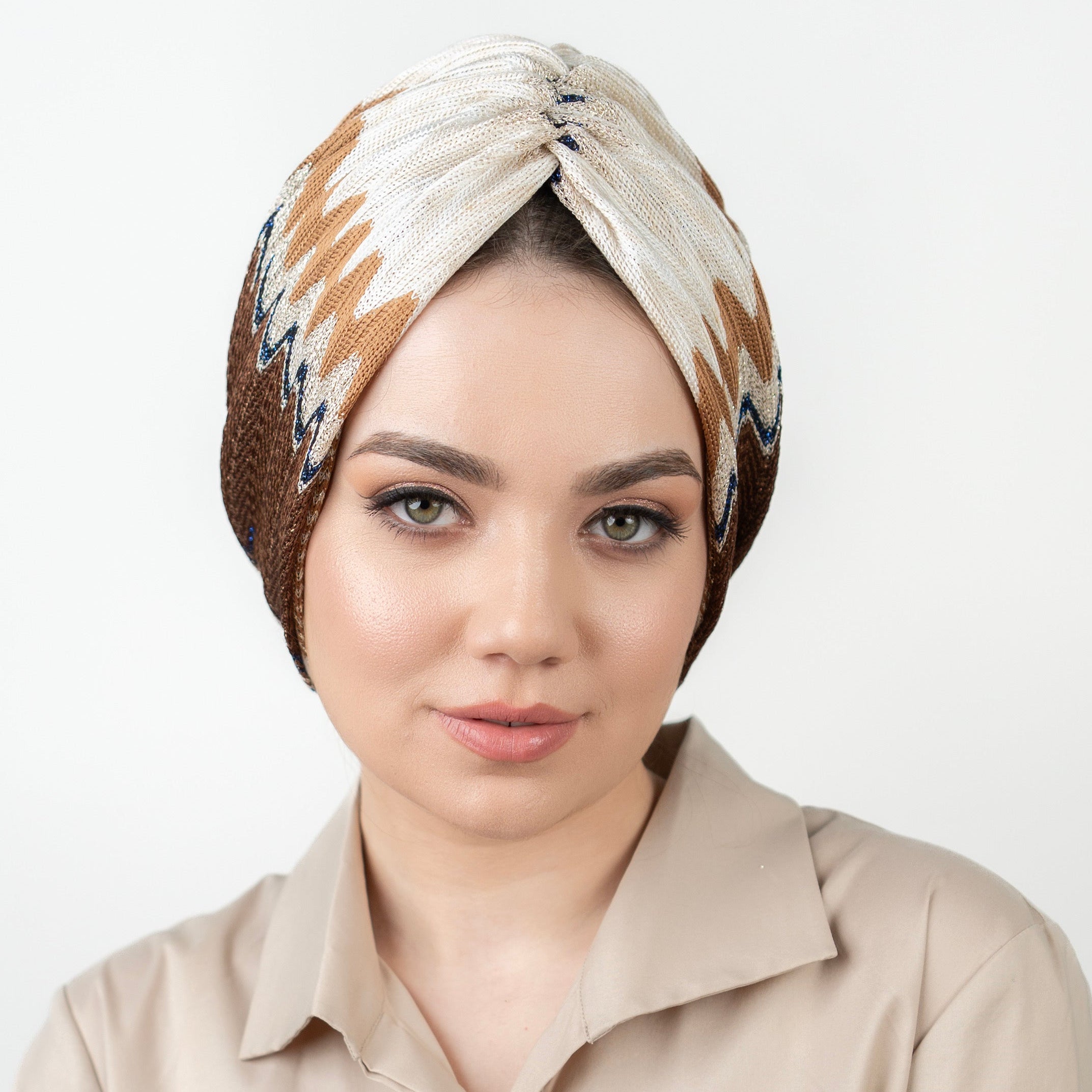 ZigZag Patterned Gathered Bonnet - Flexible Knitted Glitter Fabric - Multicolored - Bitter Navy Brown - BitterColors