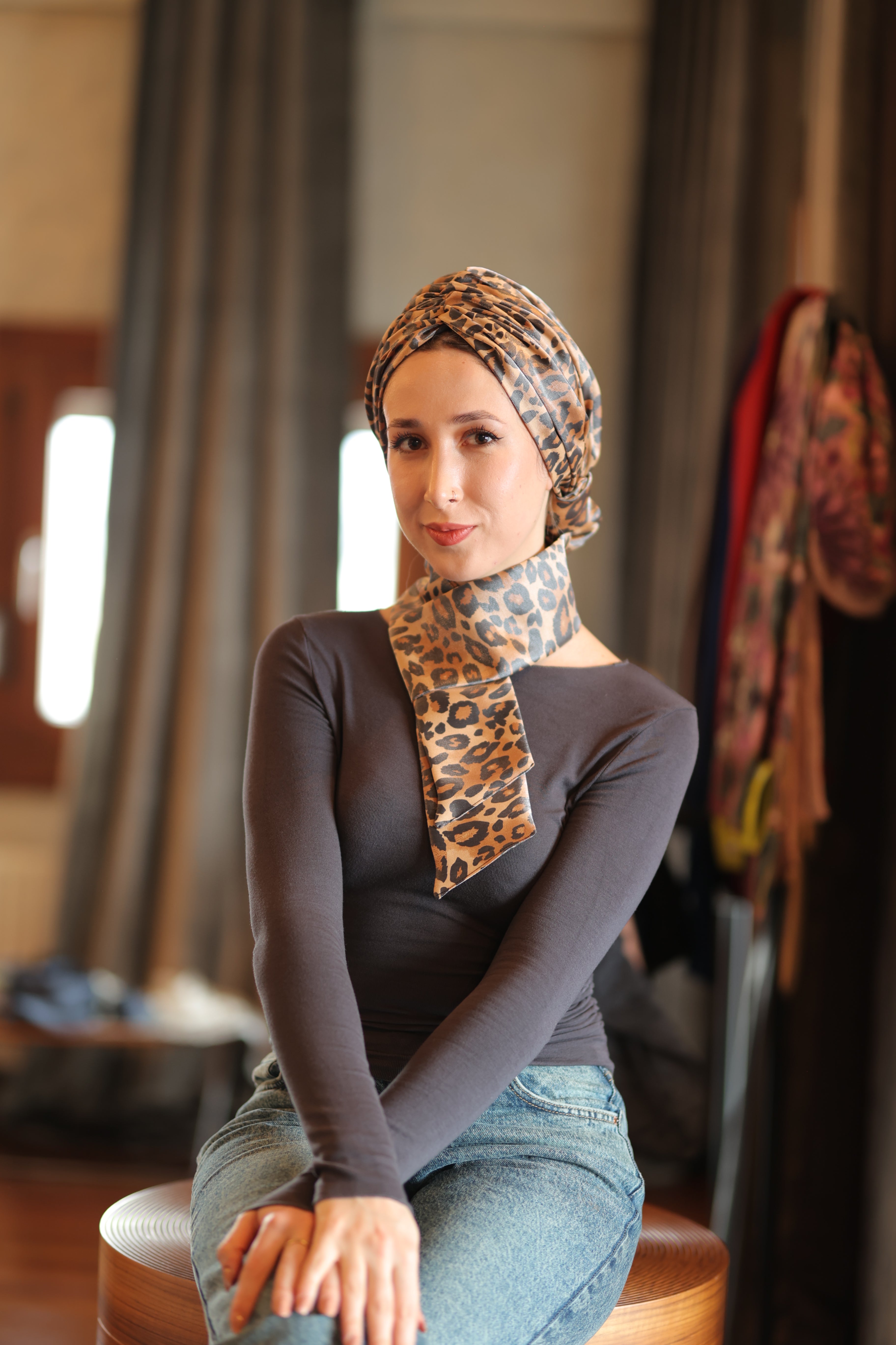 Esra Tokelli Leopar Desenli Penye Astarlı Büzgülü Bone - Kullanıma Hazır Bone - Çok Renkli - BitterColors