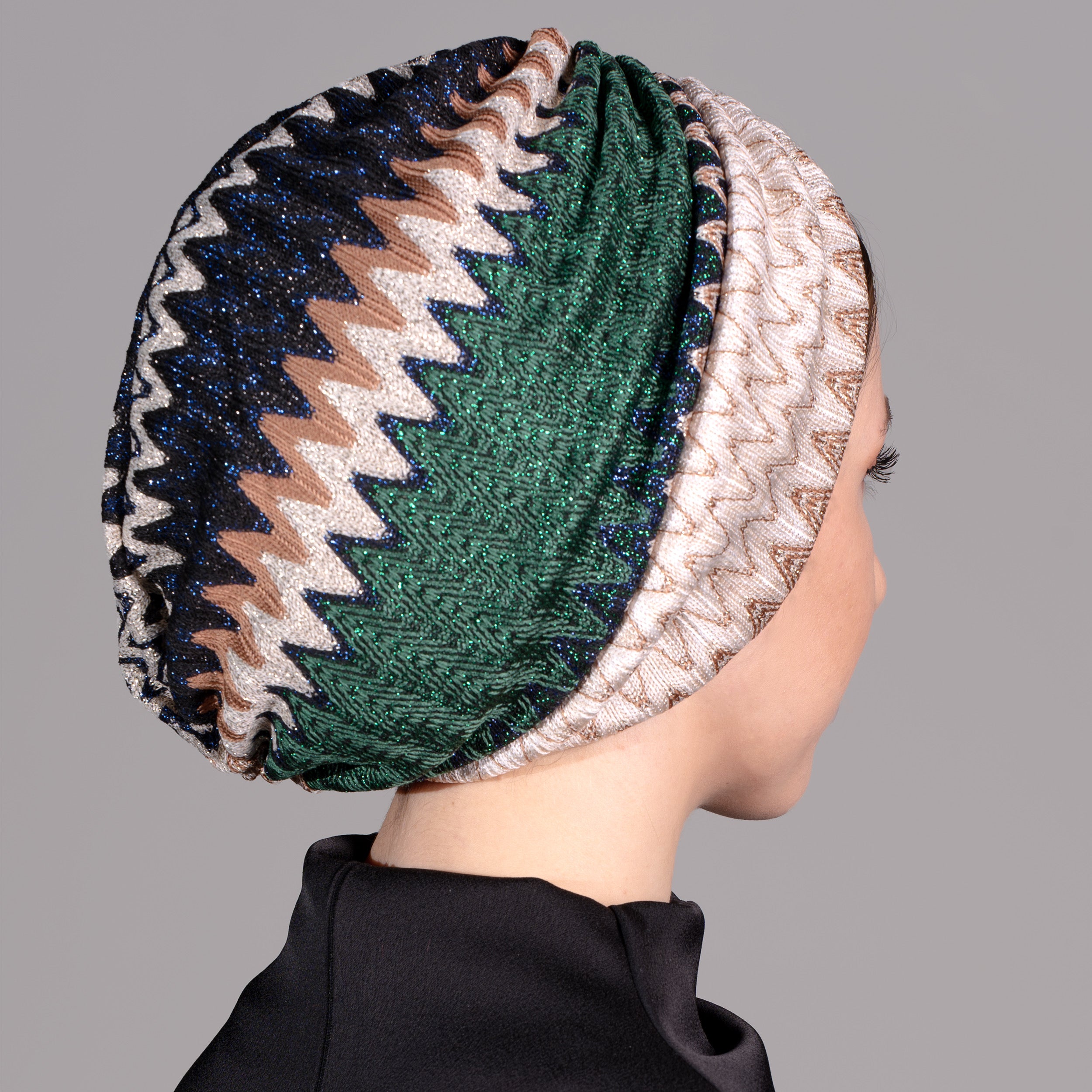 Bitter Emerald - Emerald Green Zigzag Patterned Bonnet - Flexible Knit Fabric - Multicolored - BitterColors