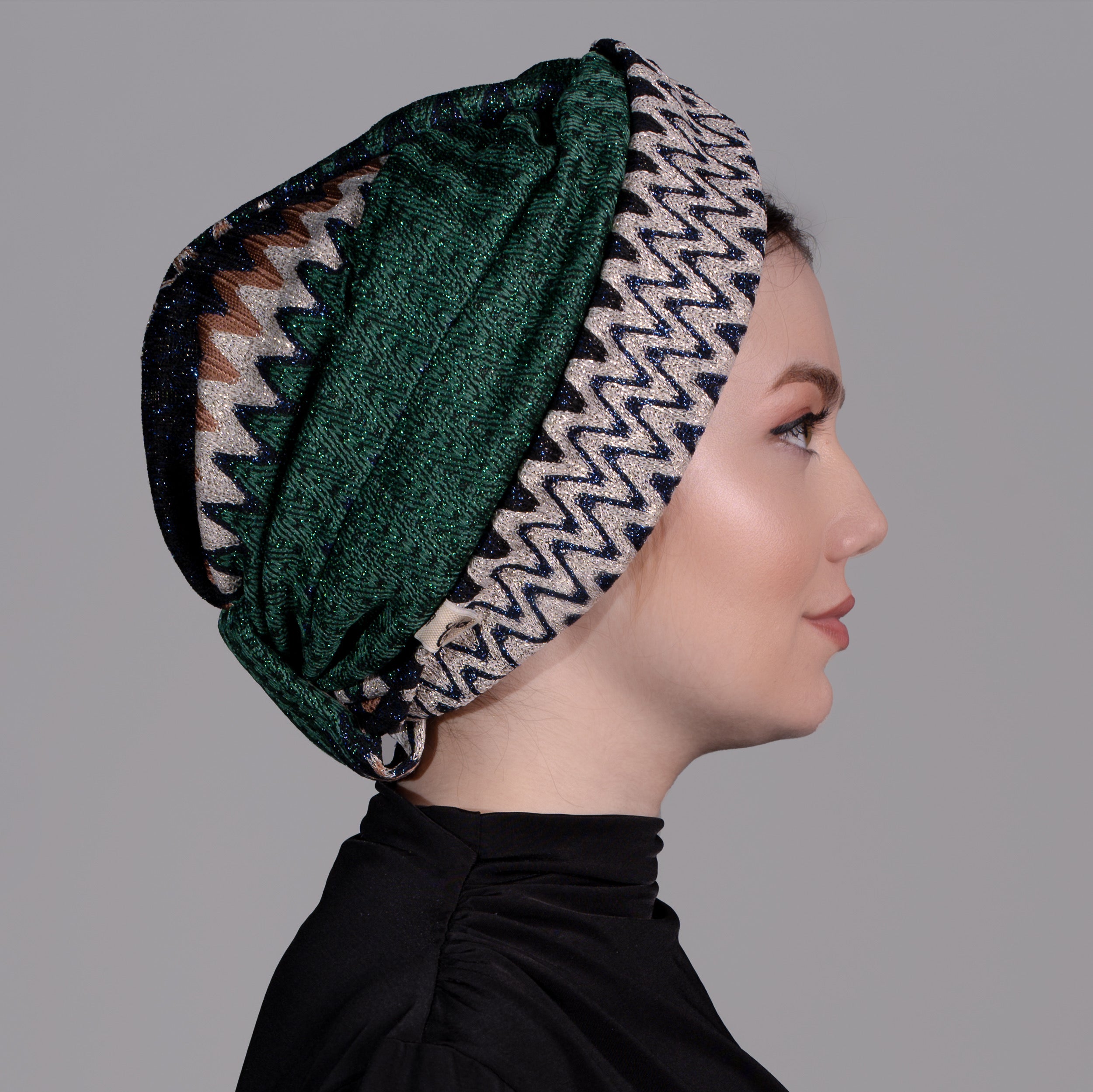 Barcelona Twisted Turban - Green Zigzag Pattern Knit Fabric
