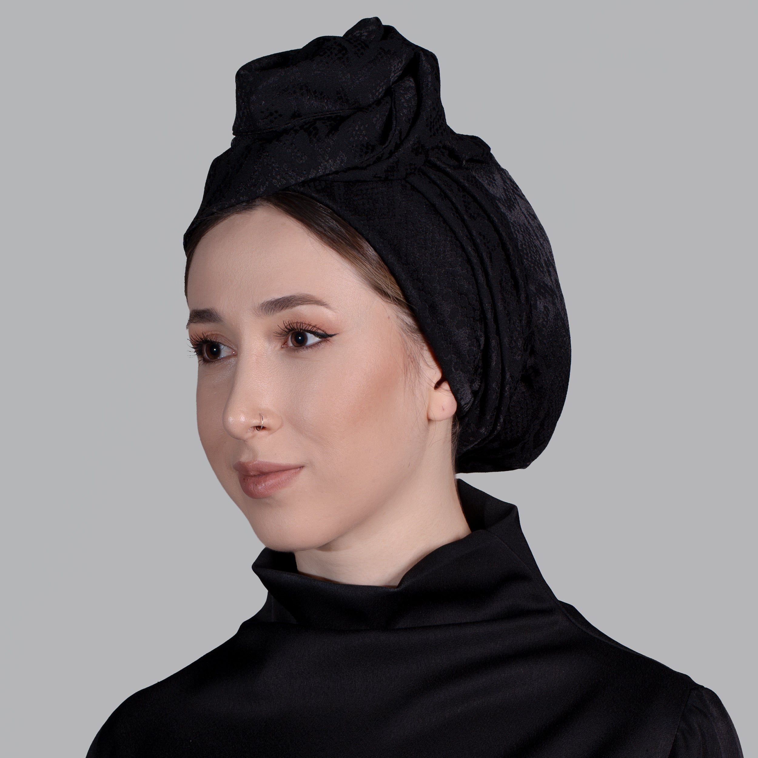 Esra Tokelli Snake Skin Patterned Easy-to-Shape Wire Bonnet - Satin Fabric - Black Color - BitterColors