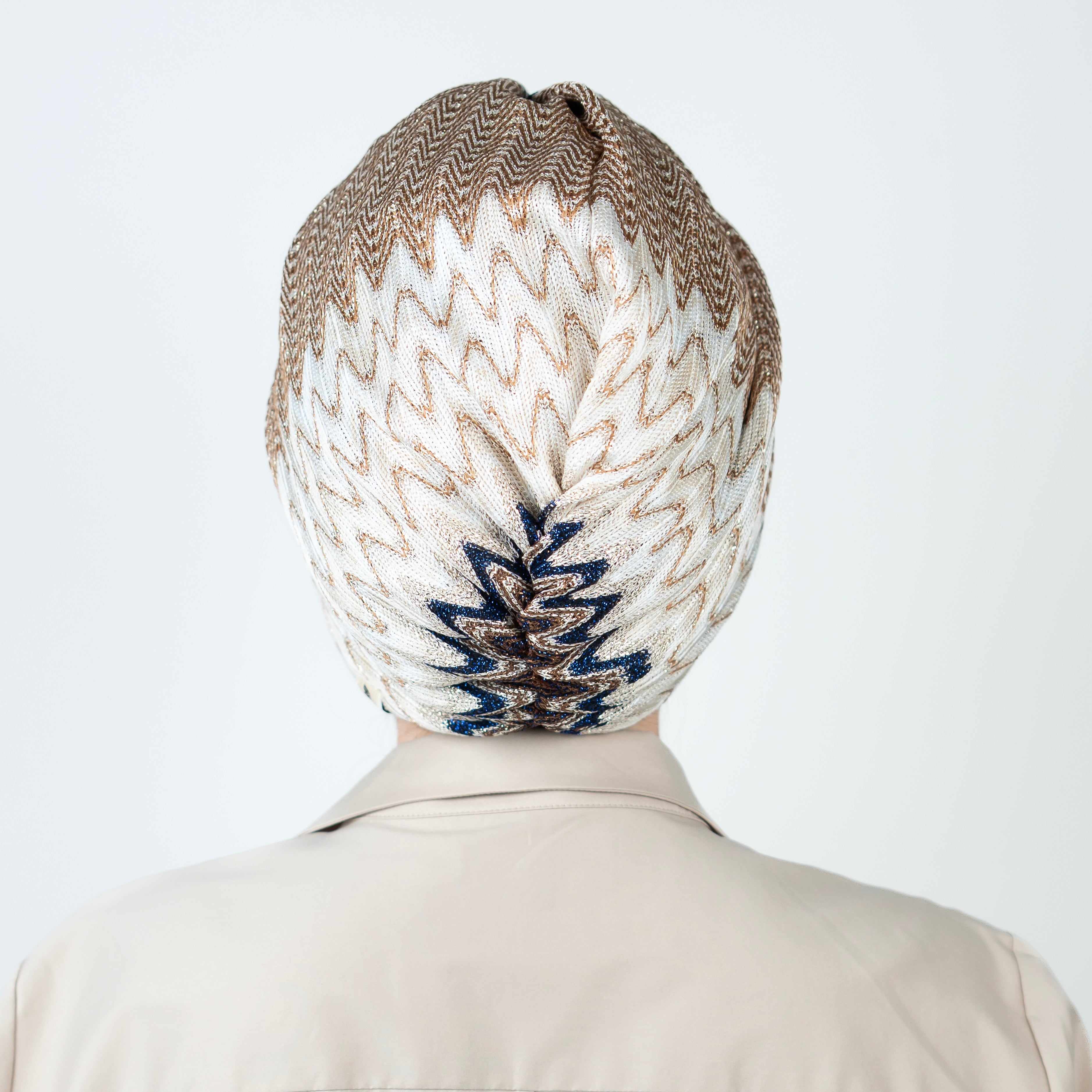 ZigZag Patterned Gathered Bonnet - Flexible Knitted Glitter Fabric - Multicolored - Bitter Navy Brown - BitterColors