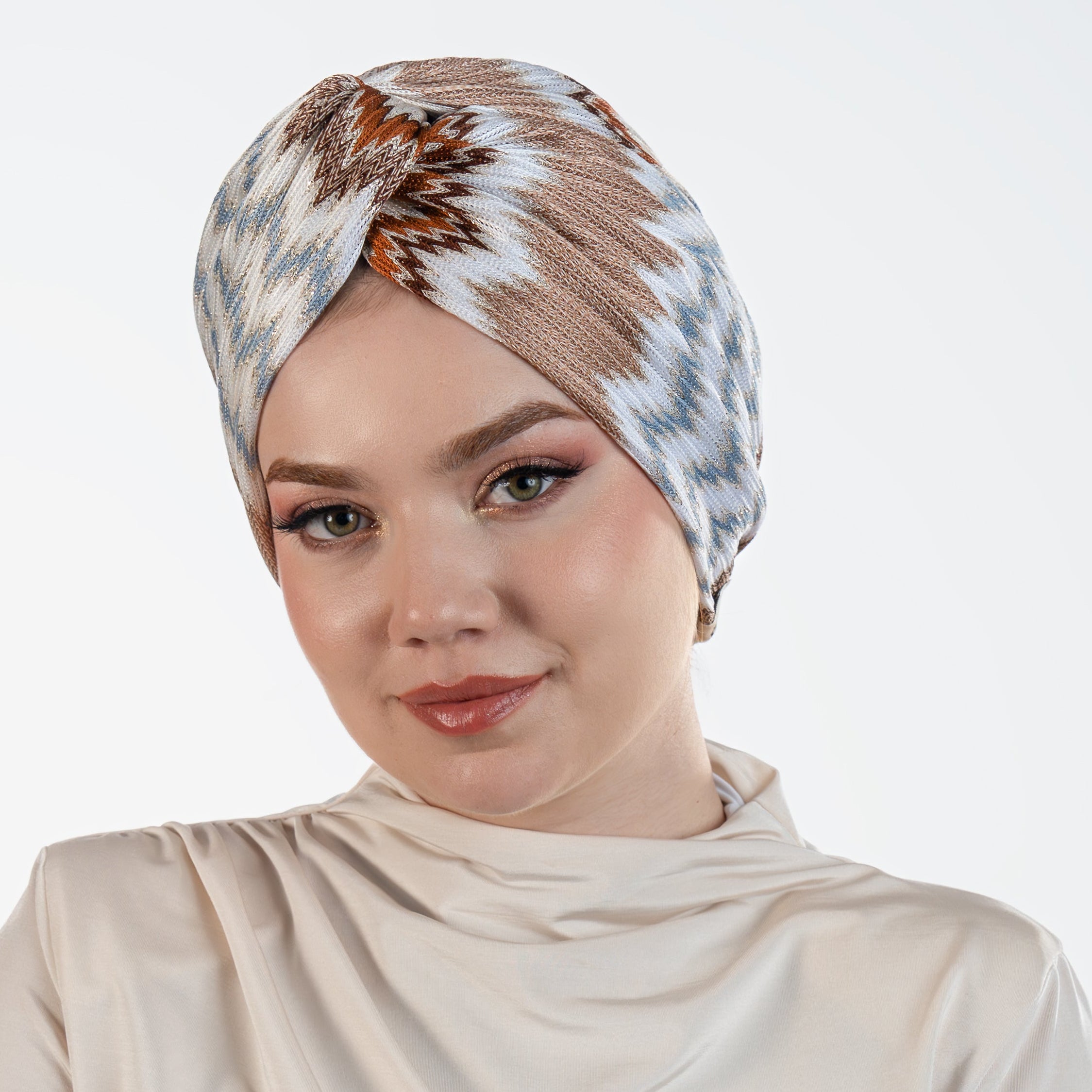 Barcelona Twisted Turban - Blue and Latte Zigzag Pattern Knit Fabric