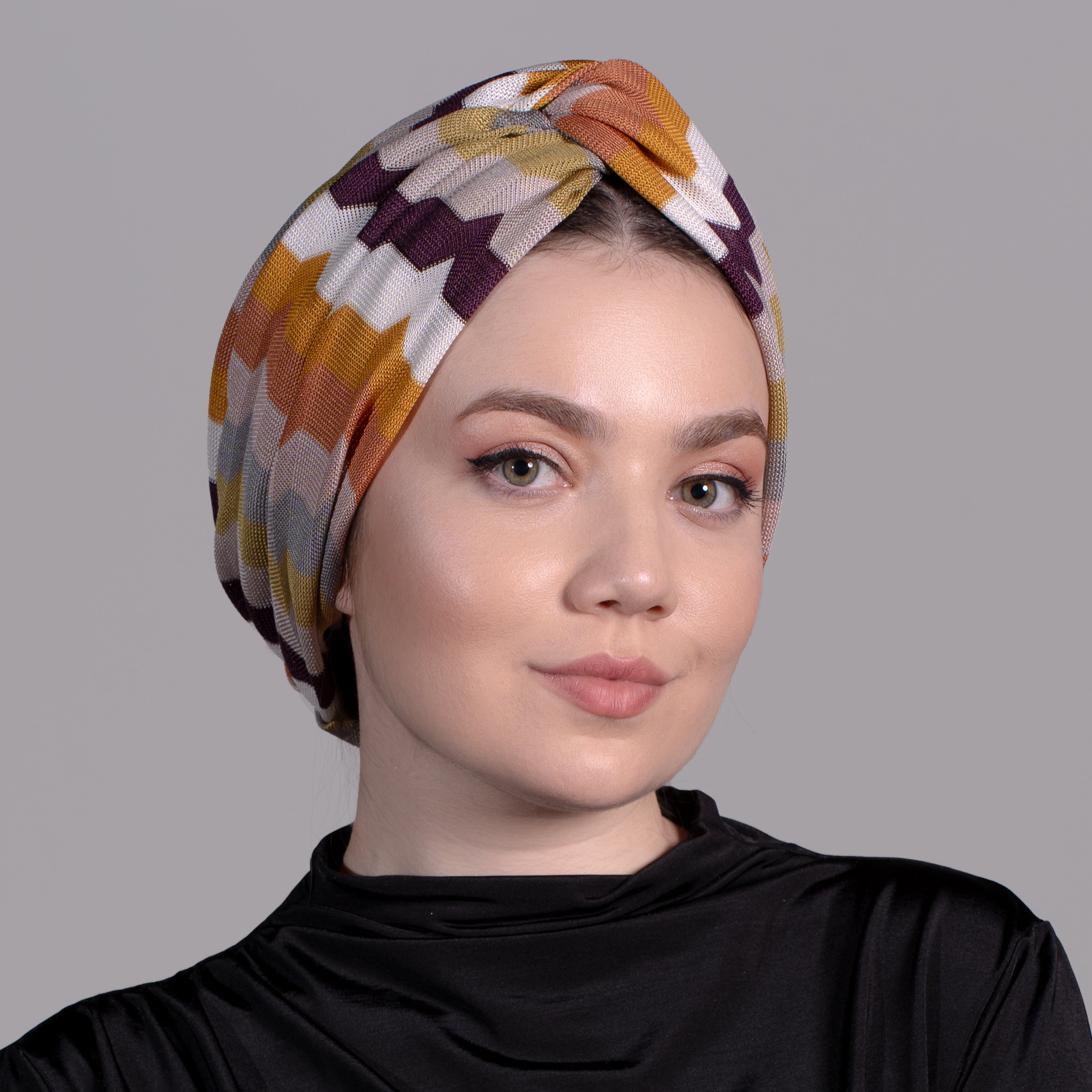 Barcelona Twisted Turban - Orange Zigzag Pattern Knit Fabric