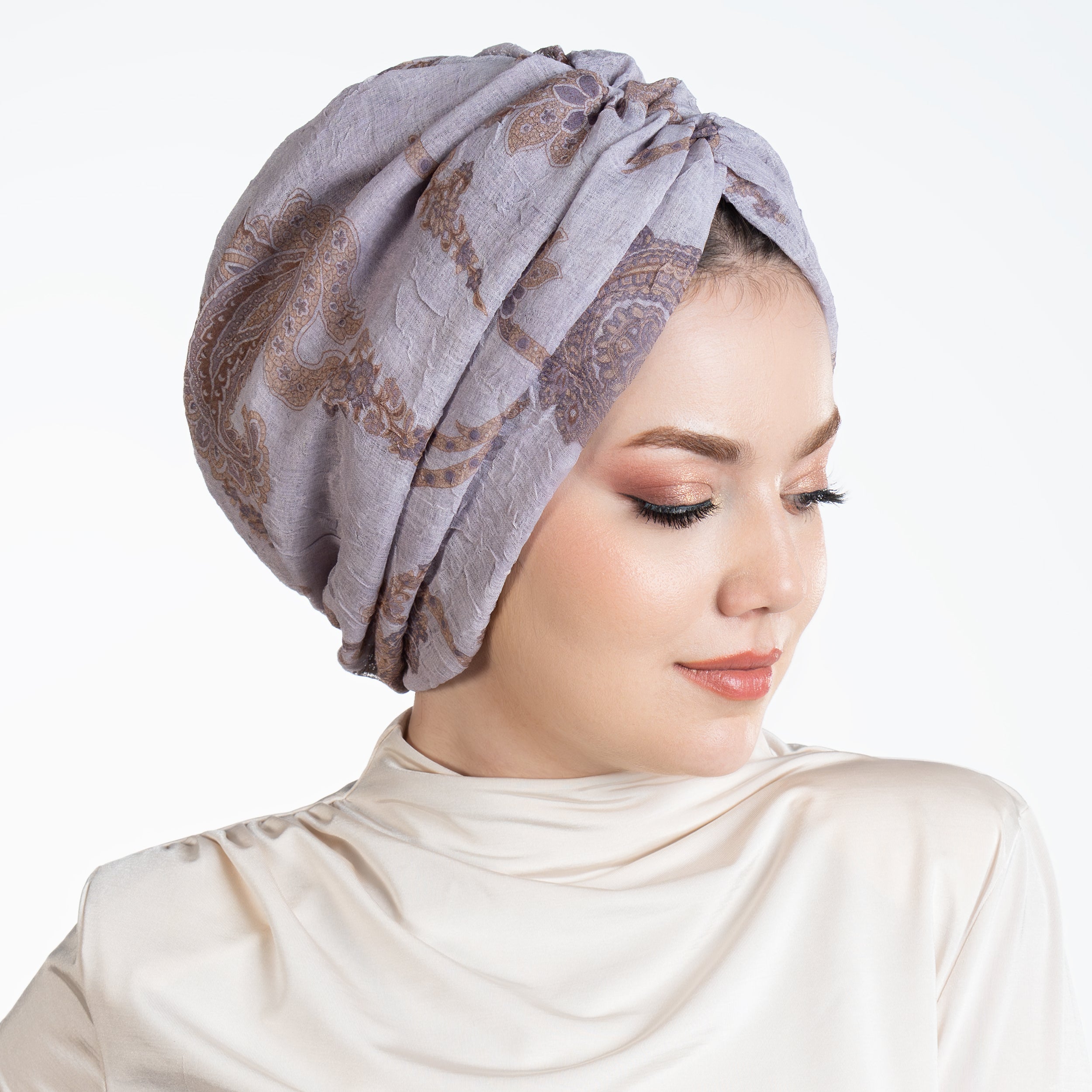 Milano Büzgülü Bone - Çiçek Desenli Keten Kumaş