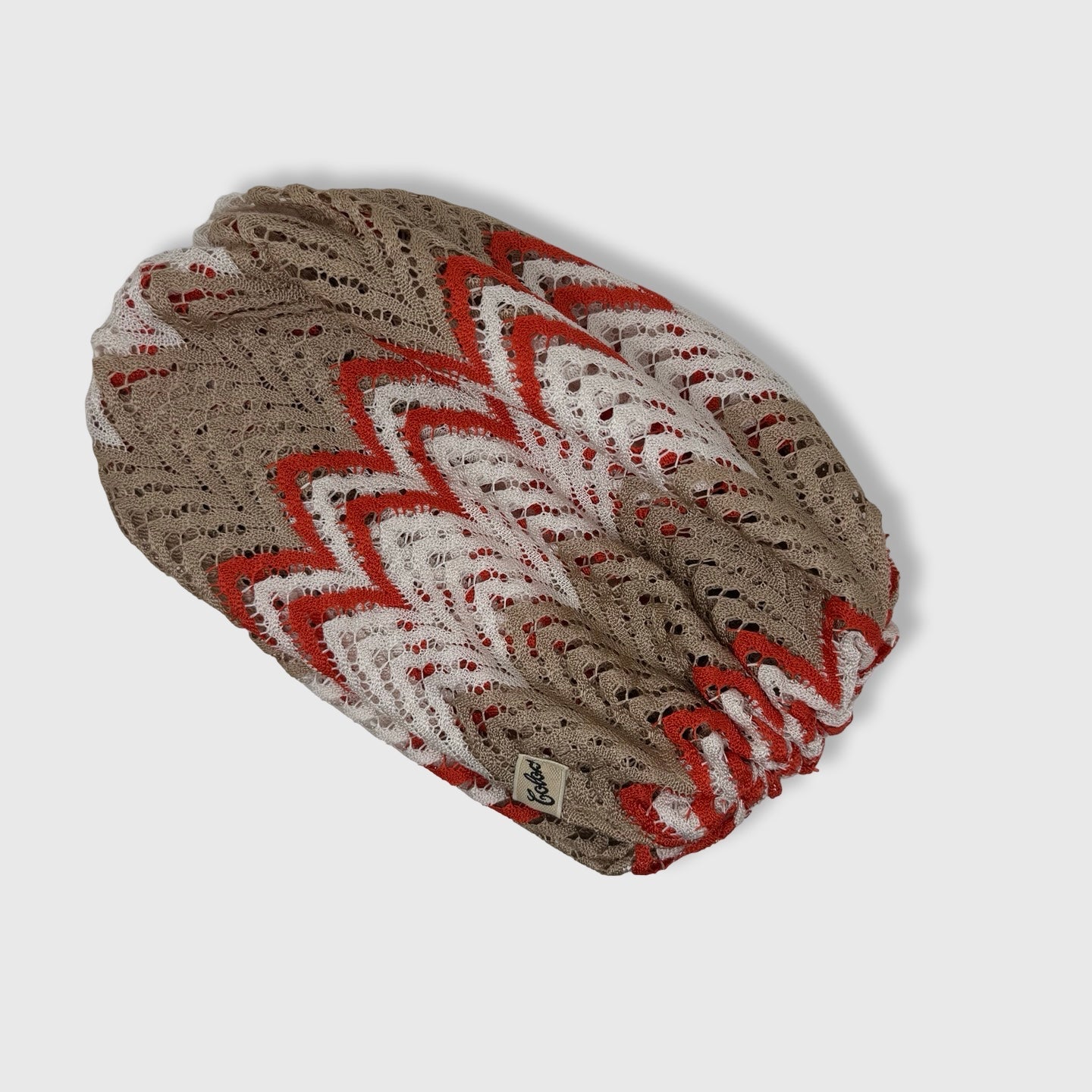 Milano Büzgülü Bone - Bej Mercan Renkli - Zikzak Desenli File Kumaş