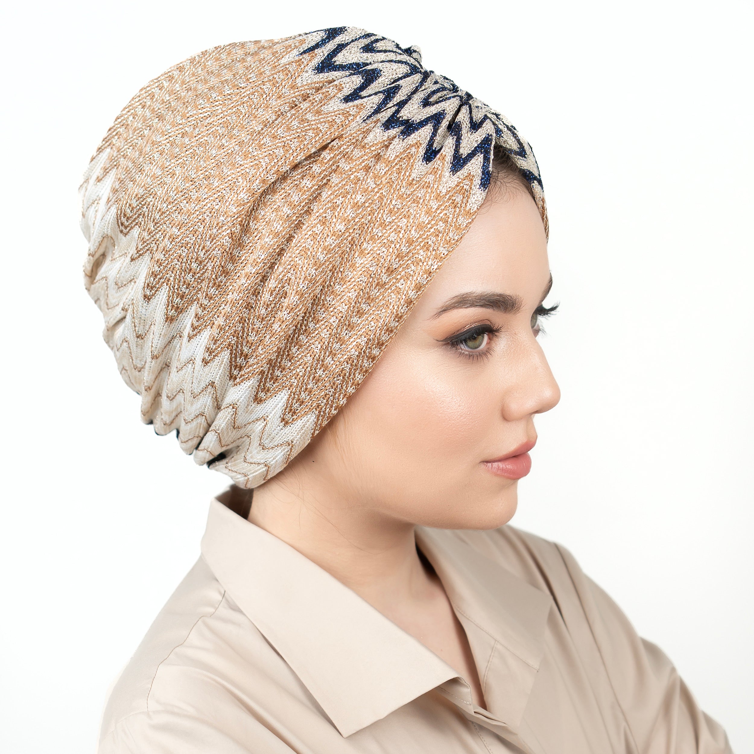 ZigZag Patterned Gathered Bonnet - Flexible Knitted Glitter Fabric - Multicolored - Bitter Navy Brown - BitterColors