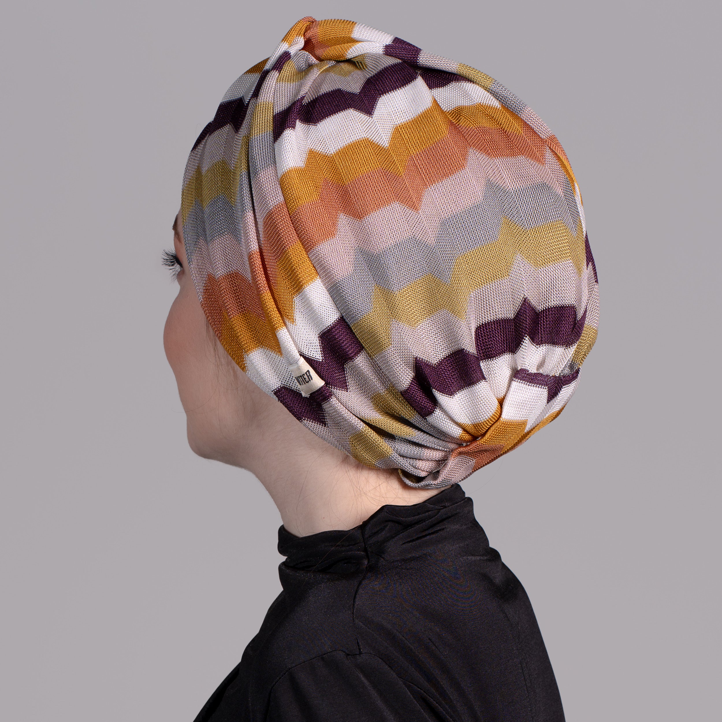Barcelona Twisted Turban - Orange Zigzag Pattern Knit Fabric