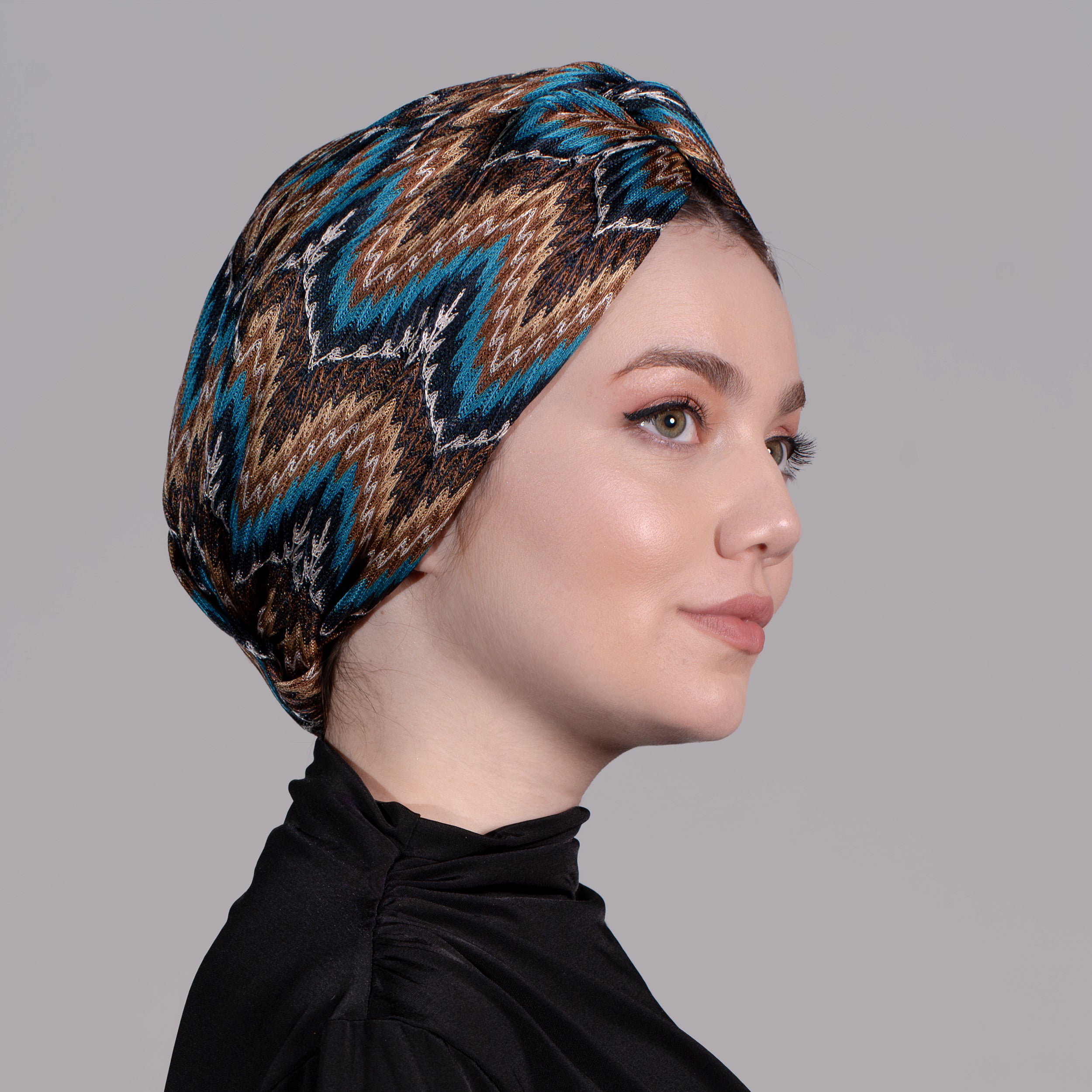 Barcelona Twisted Turban - Brown and Blue Zigzag Pattern Knit Fabric
