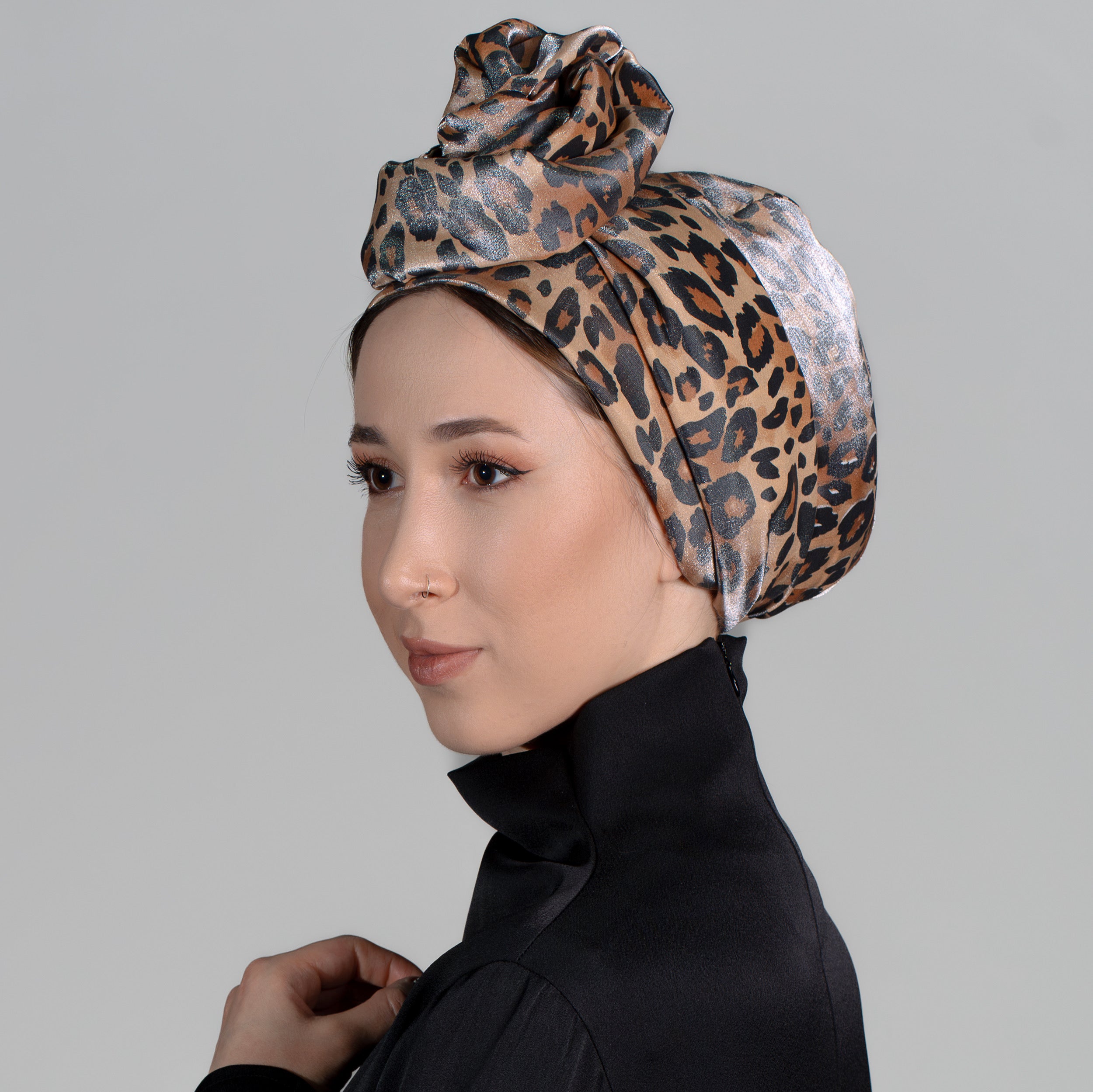 Esra Tokelli Easy-to-Shape Wire Bonnet - Satin Leopard Pattern Bonnet - Multicolored - BitterColors