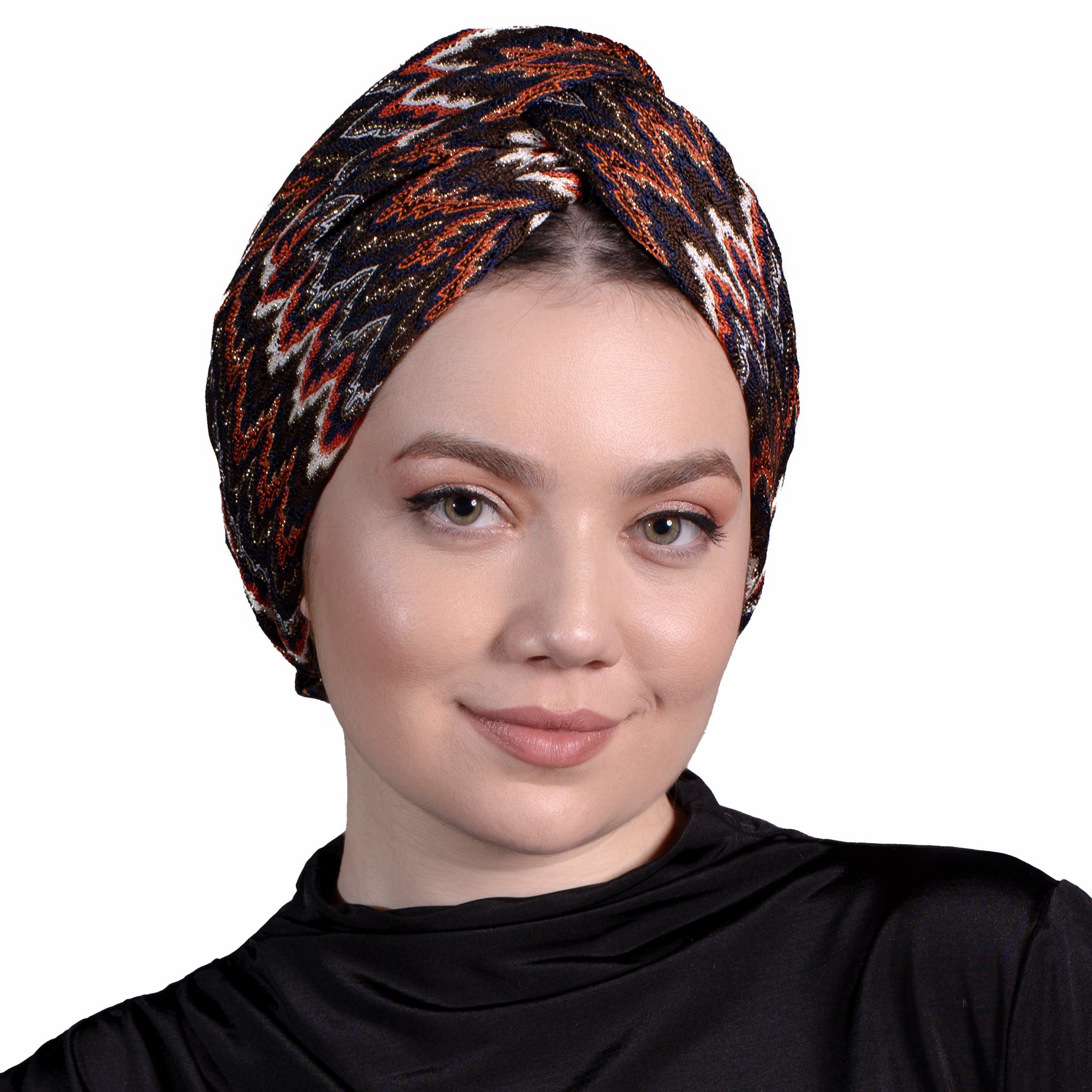 Twisted Zigzag Patterned Bonnet - Stretchy Knit Fabric - Orange, Brown, Glittery/Multicolored - Twisted Zigzag Orange Bonnet - BitterColors