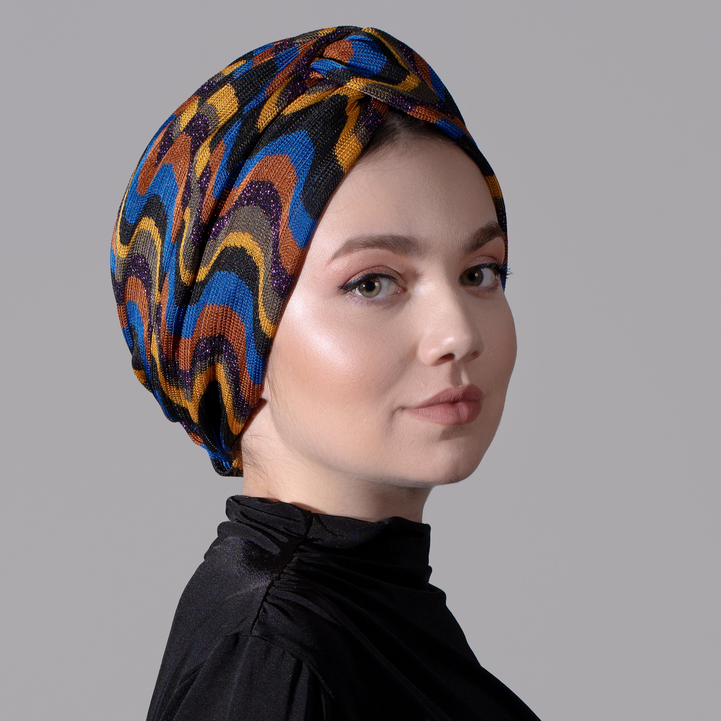 Barcelona Twisted Turban - Royal Blue Wave Pattern Knit Fabric