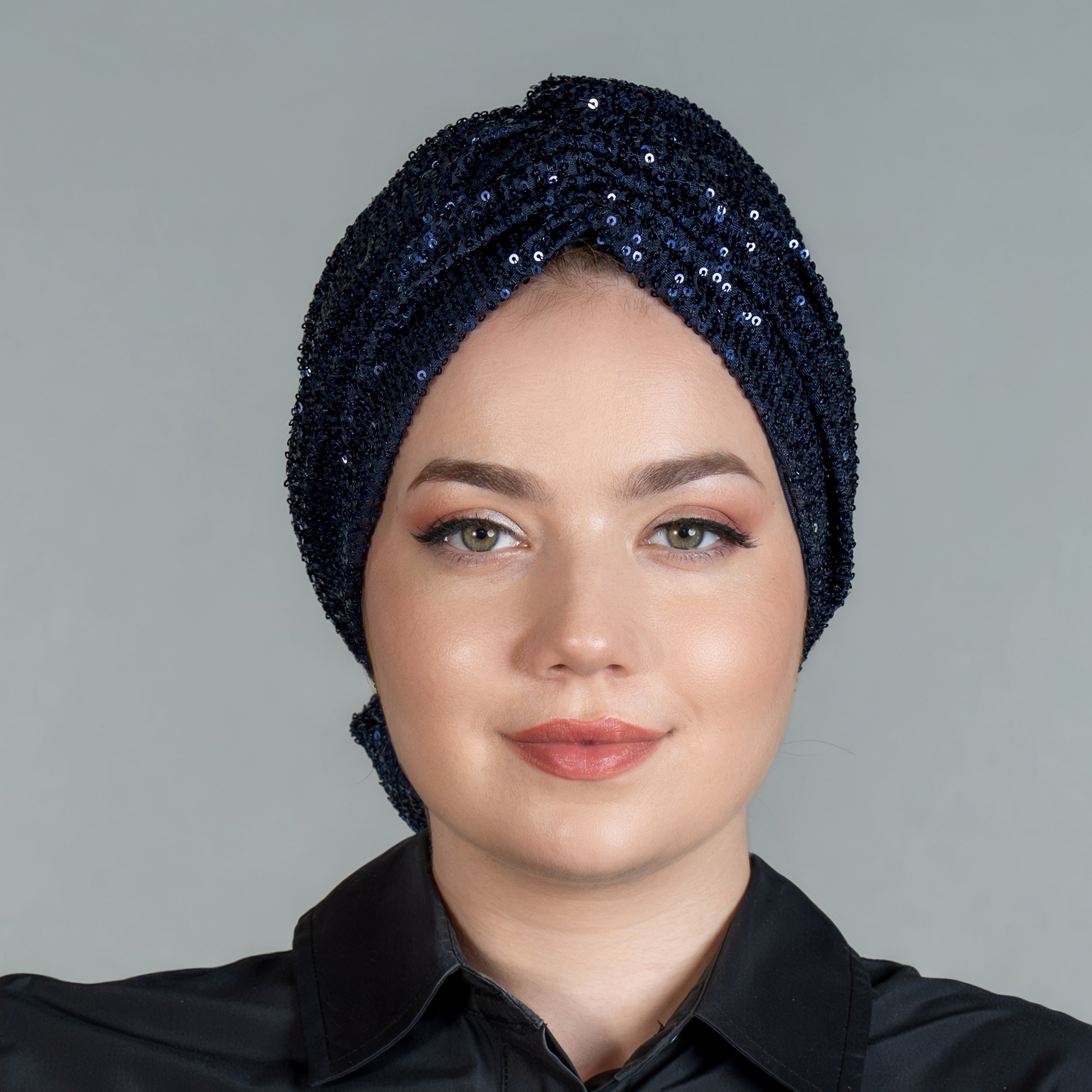 Beyrut Topuzlu Bone - Penye Astarlı - Lacivert - Çizgili Pul Payet İşlemeli