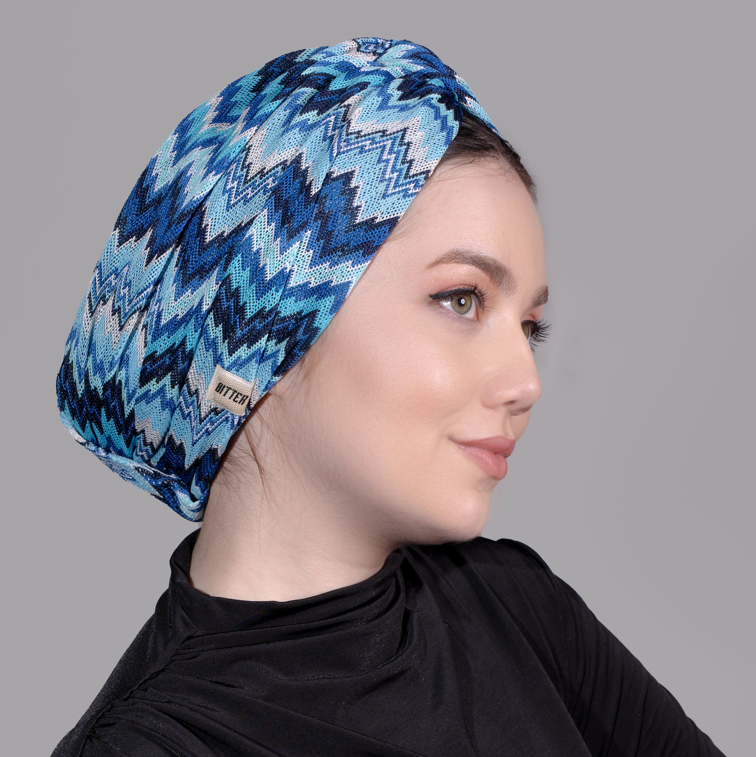 Barcelona Twisted Turban - Blue Zigzag Pattern Knit Fabric