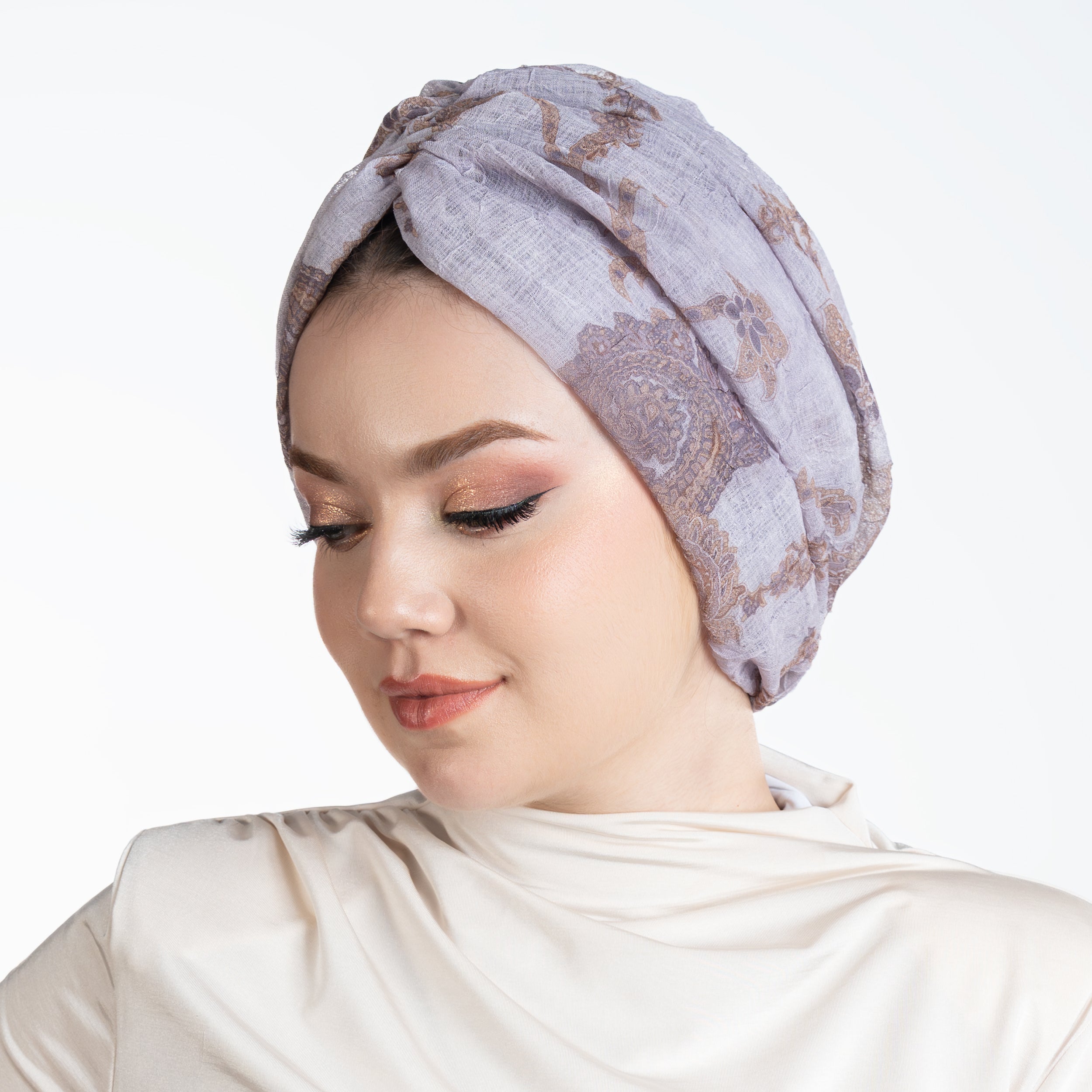 Milano Büzgülü Bone - Çiçek Desenli Keten Kumaş