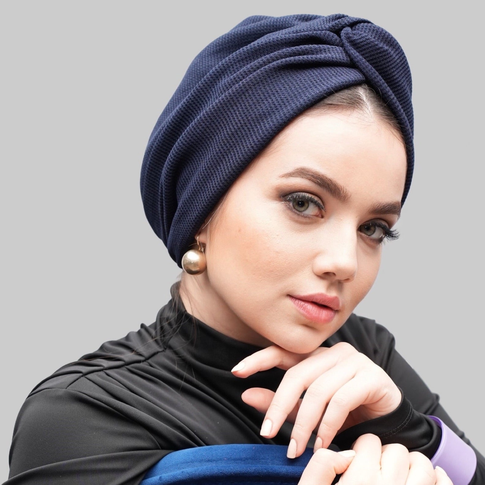 X Burgulu Büzgülü Bone - Lacivert - Esnek Örme Kumaş