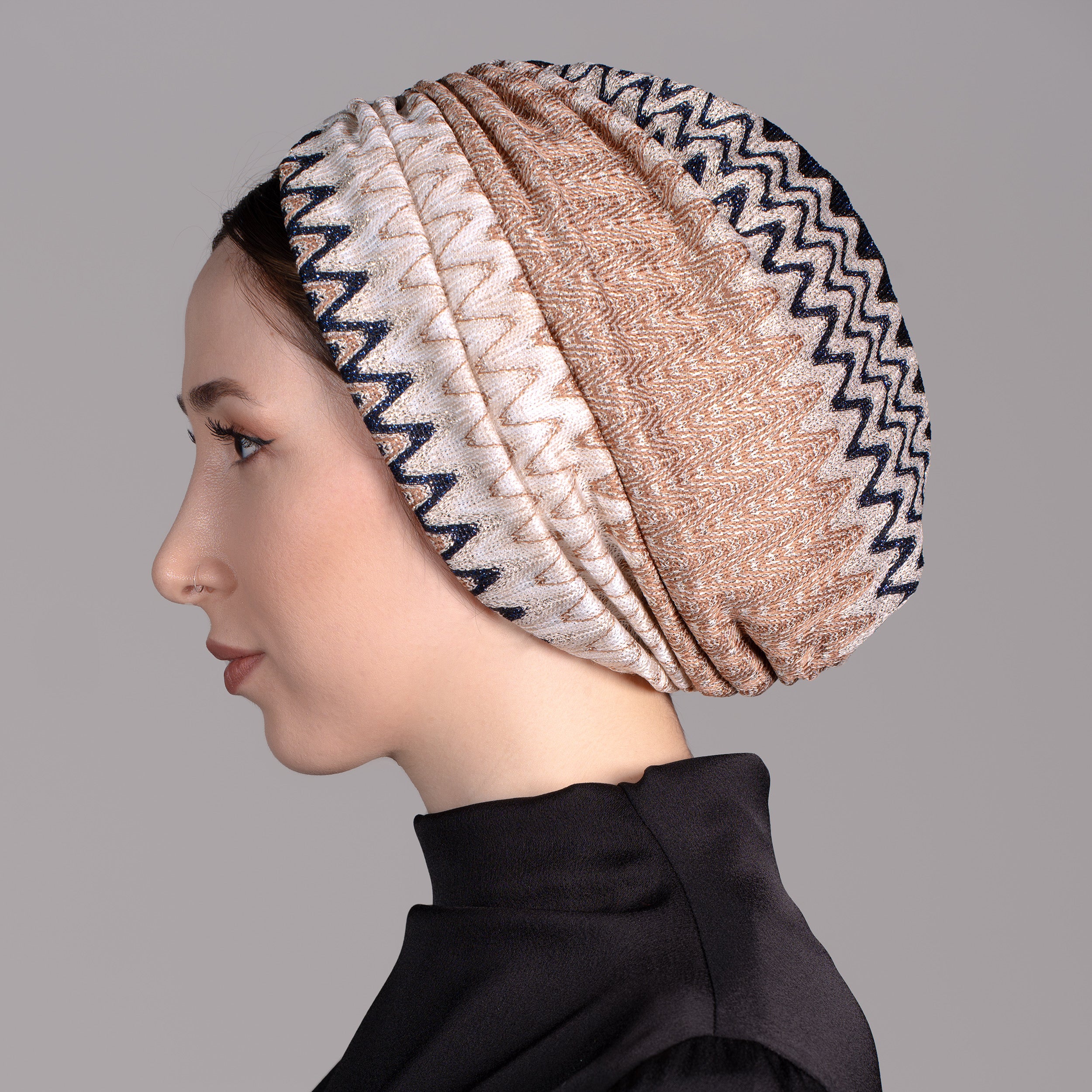 Bitter Emerald - Emerald Green Zigzag Patterned Bonnet - Flexible Knit Fabric - Multicolored - BitterColors