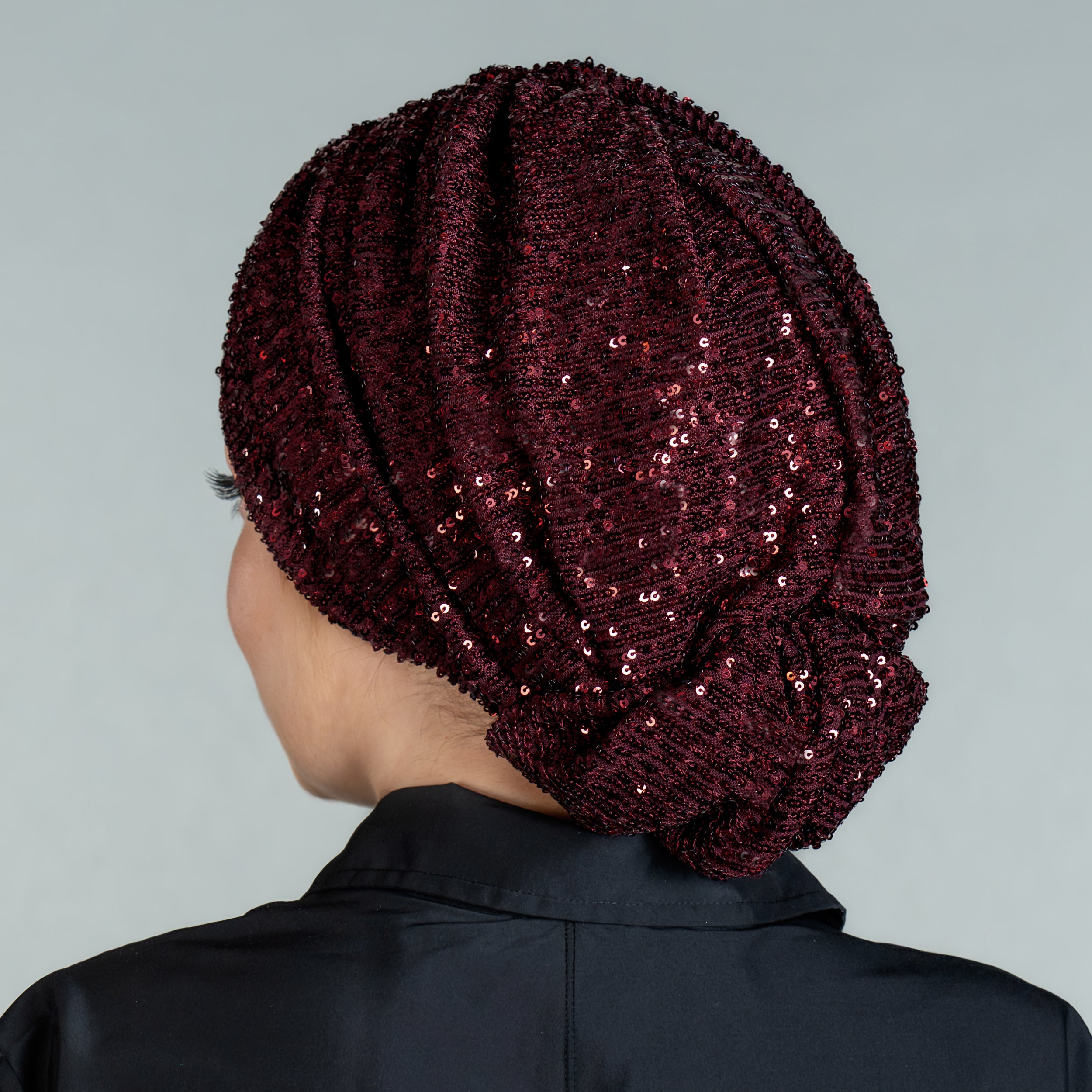 Beyrut Topuzlu Bone - Penye Astarlı - Çizgili Pul Payet İşlemeli