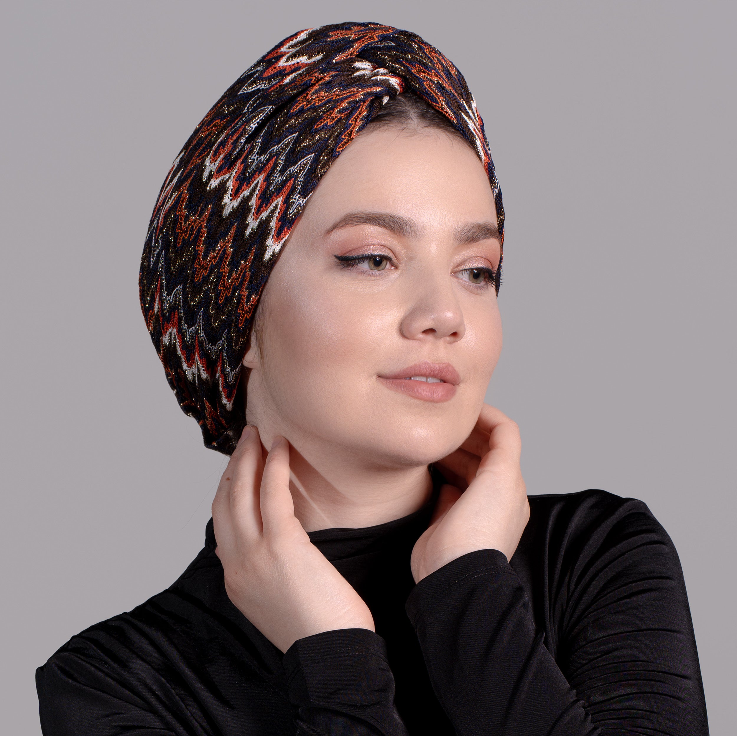 Twisted Zigzag Patterned Bonnet - Stretchy Knit Fabric - Orange, Brown, Glittery/Multicolored - Twisted Zigzag Orange Bonnet - BitterColors