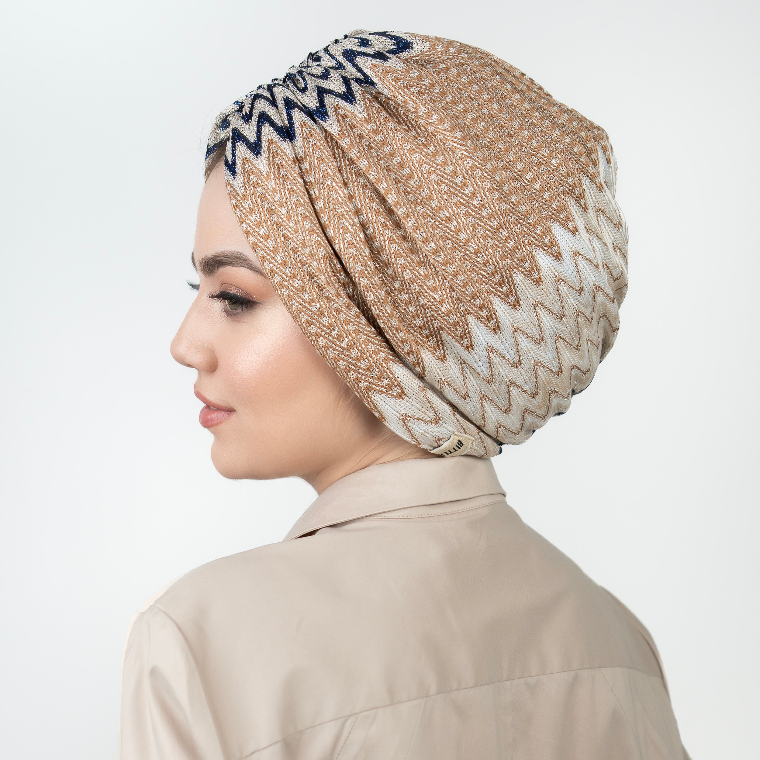 ZigZag Patterned Gathered Bonnet - Flexible Knitted Glitter Fabric - Multicolored - Bitter Navy Brown - BitterColors