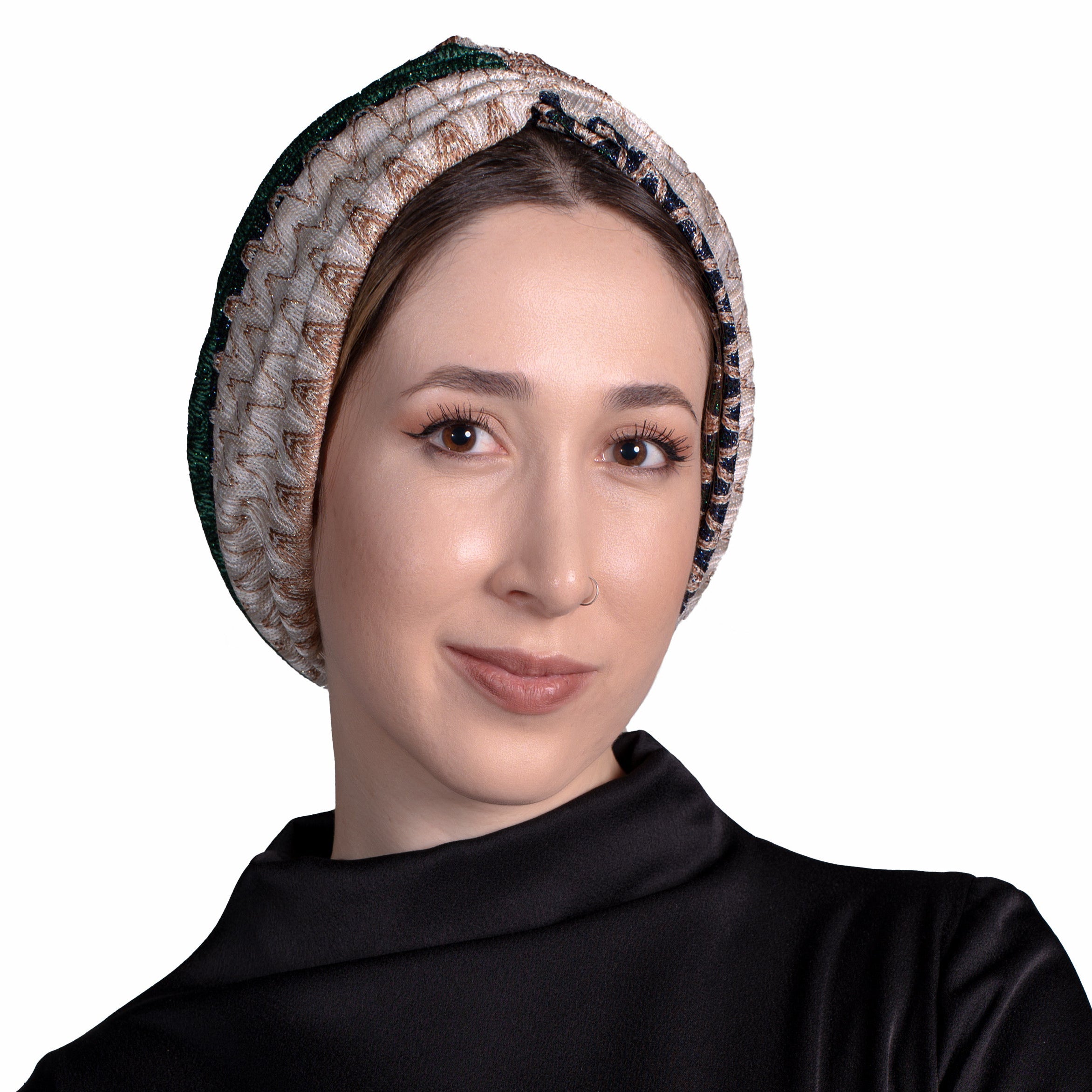 Bitter Emerald - Emerald Green Zigzag Patterned Bonnet - Flexible Knit Fabric - Multicolored - BitterColors