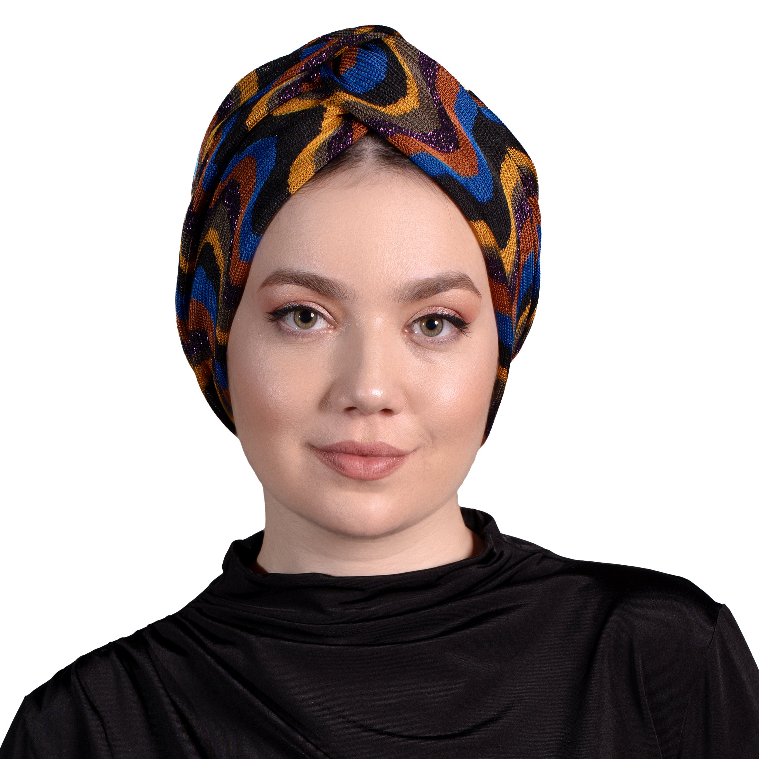 Barcelona Twisted Turban - Royal Blue Wave Pattern Knit Fabric