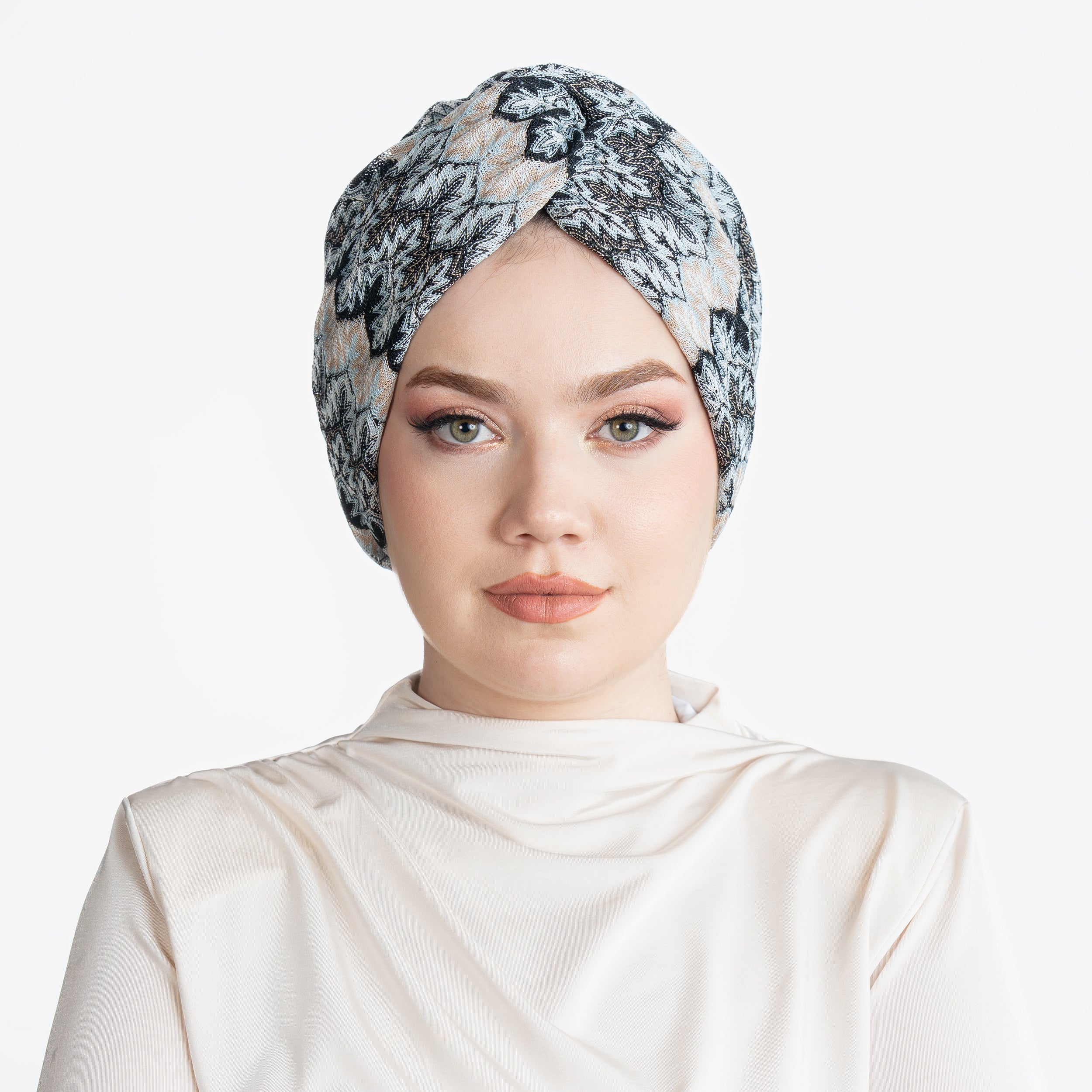 Barcelona Burgulu Bone - Buz Mavisi Zikzak Desenli Örme Kumaş