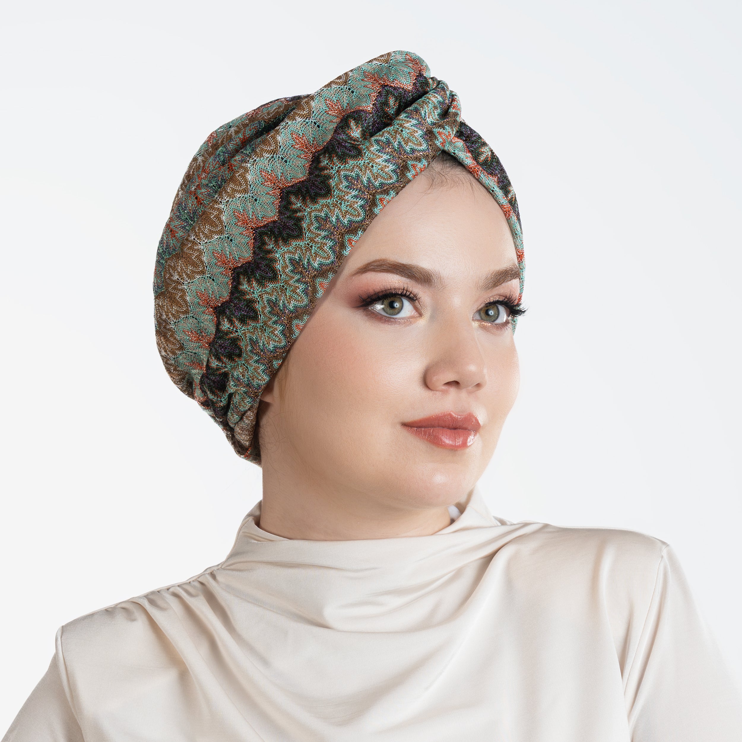 Barcelona Burgulu Bone - Mint Yeşili Zikzak Desenli Örme Kumaş