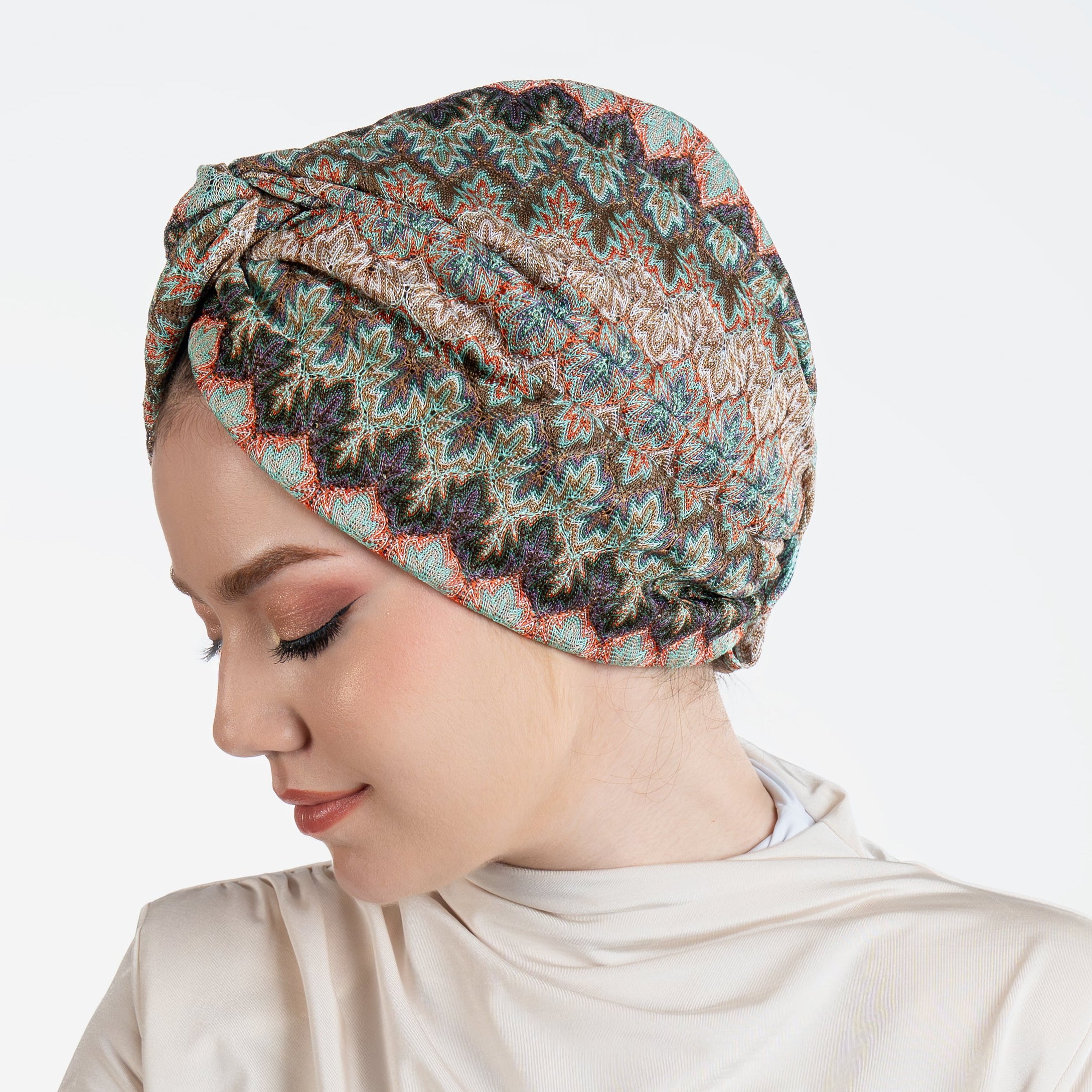 Barcelona Twisted Turban - Mint Green Zigzag Pattern Knit Fabric