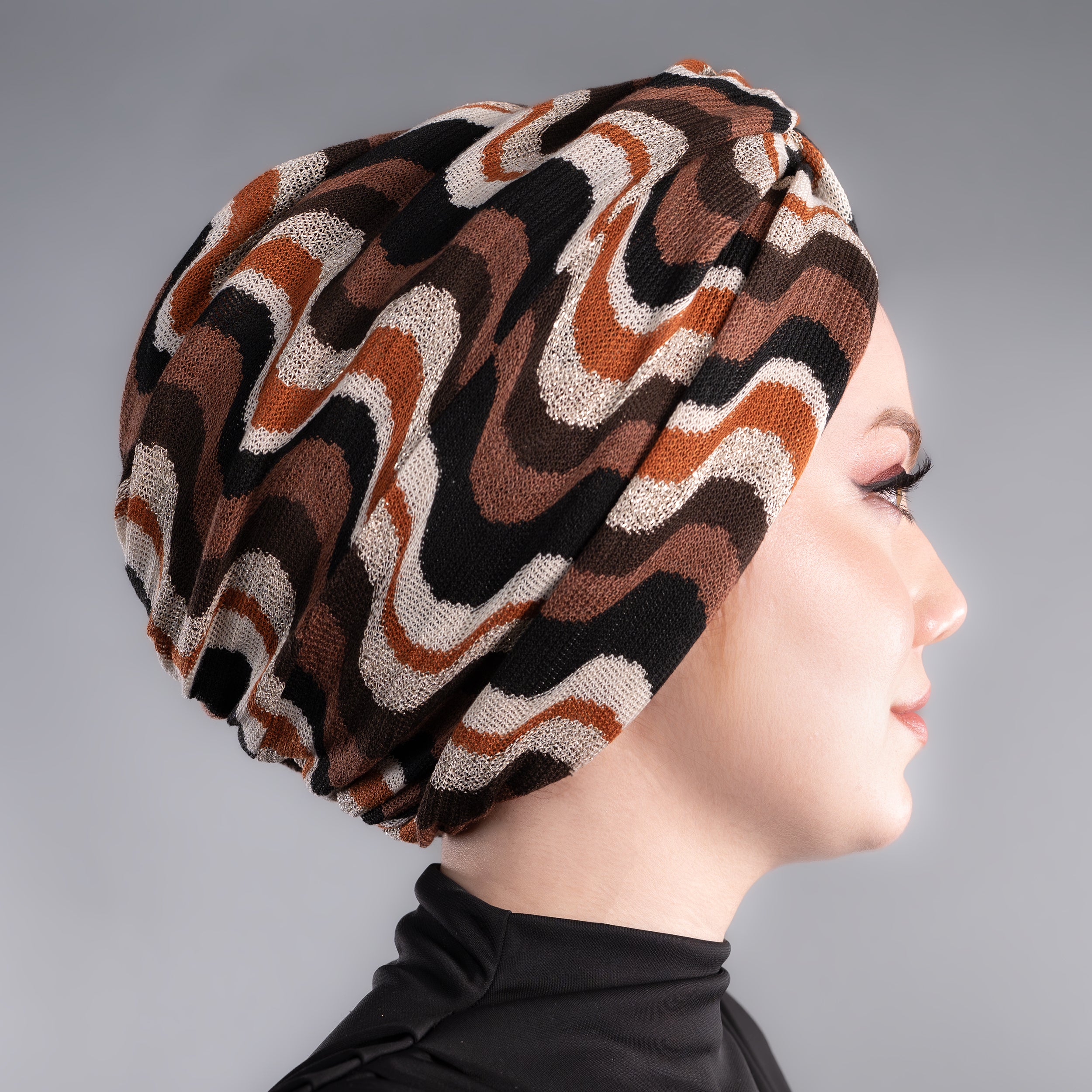 X Burgulu Büzgülü Bone - Dalga Desenli Örme Kumaş