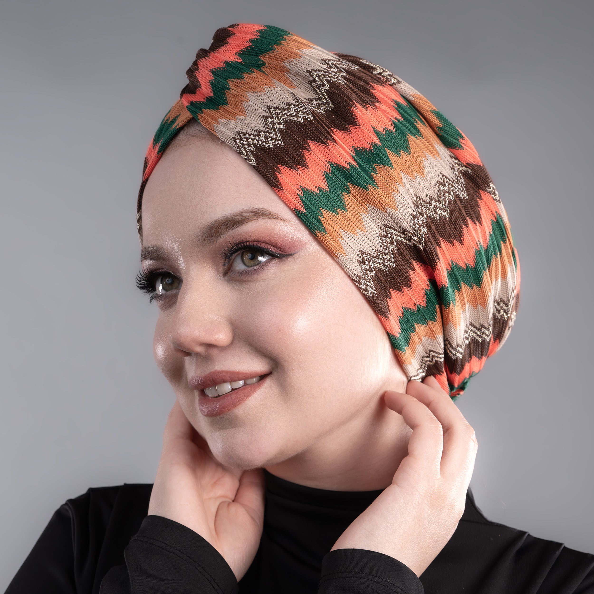 Barcelona Burgulu Bone - Mercan Zikzak Desenli Örme Kumaş