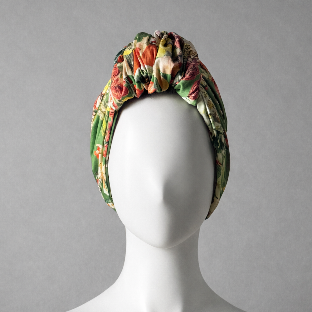 Beyrut Topuzlu Bone - Penye Astarlı - Çiçek Desenli Pamuk Kumaş