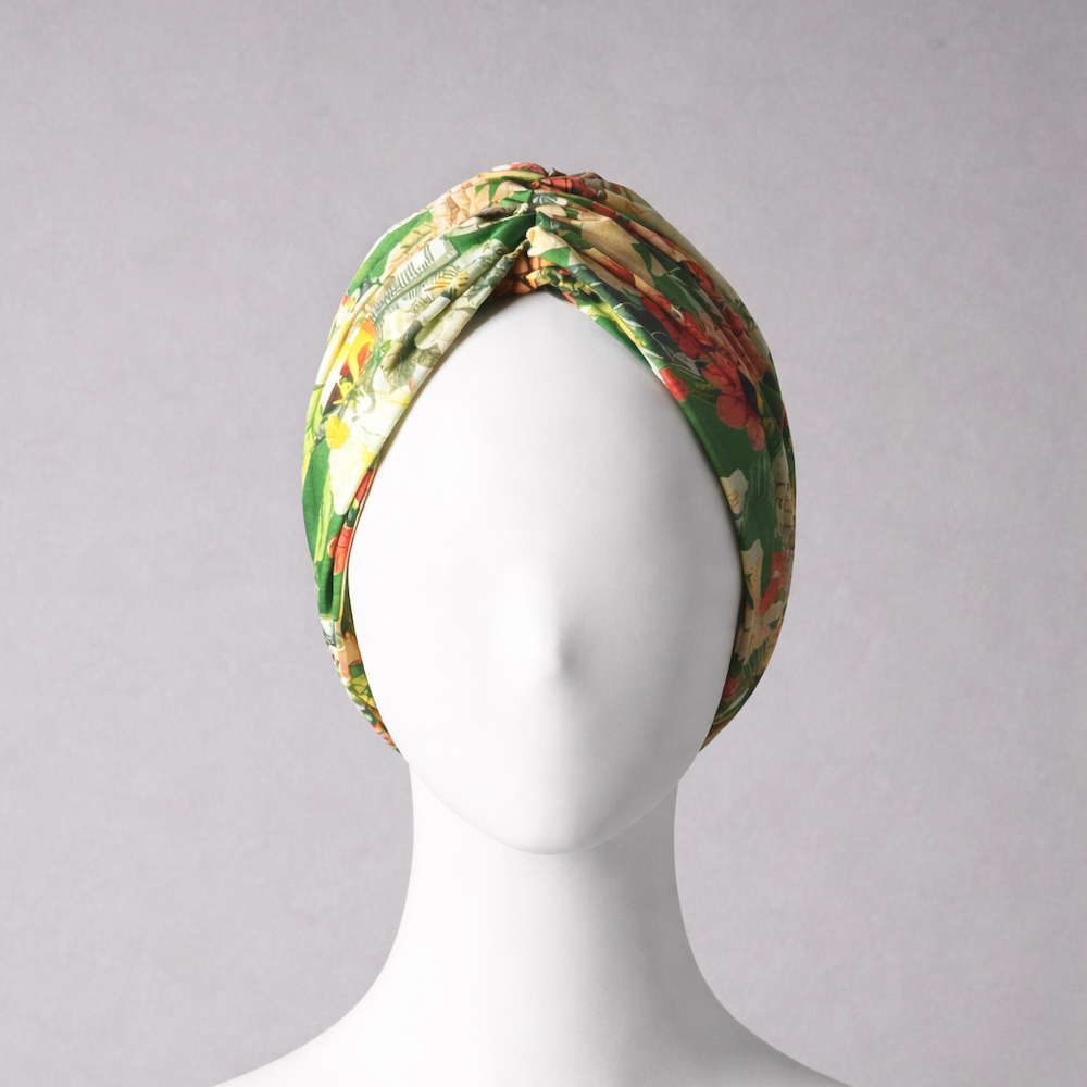 Beyrut Topuzlu Bone - Penye Astarlı - Çiçek Desenli Pamuk Kumaş