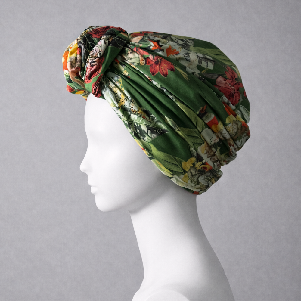 Beyrut Topuzlu Bone - Penye Astarlı - Çiçek Desenli Pamuk Kumaş