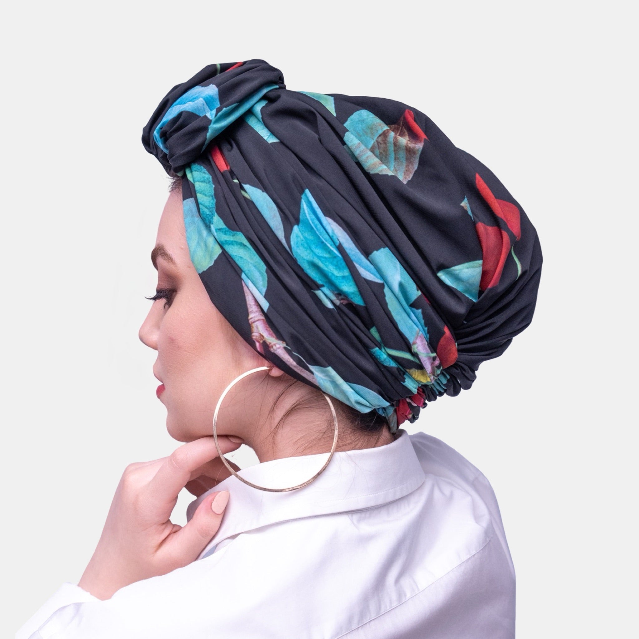 Beyrut Topuzlu Bone - Penye Astarlı - Kiraz Desenli Cupra Kumaş