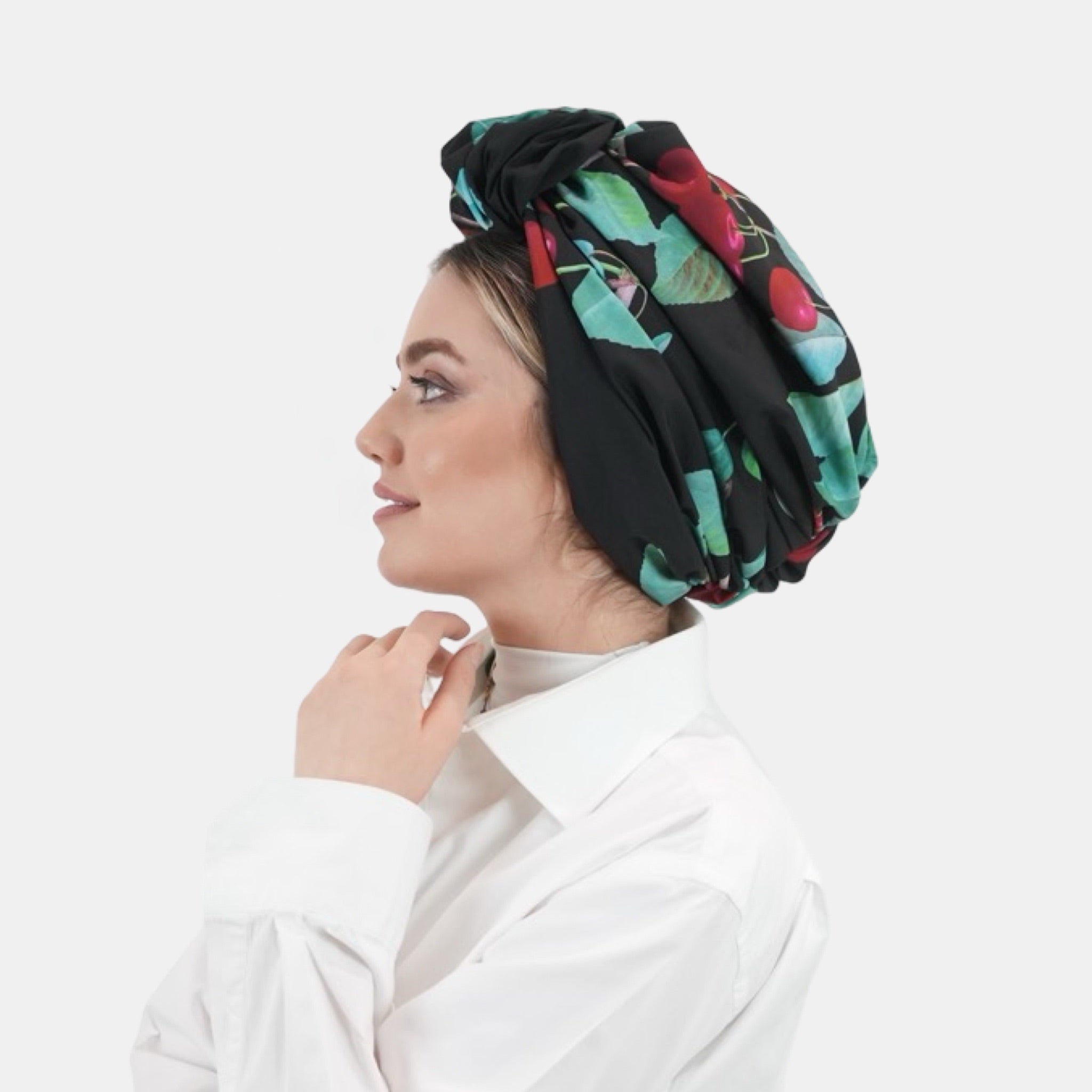 Beyrut Topuzlu Bone - Penye Astarlı - Kiraz Desenli Cupra Kumaş