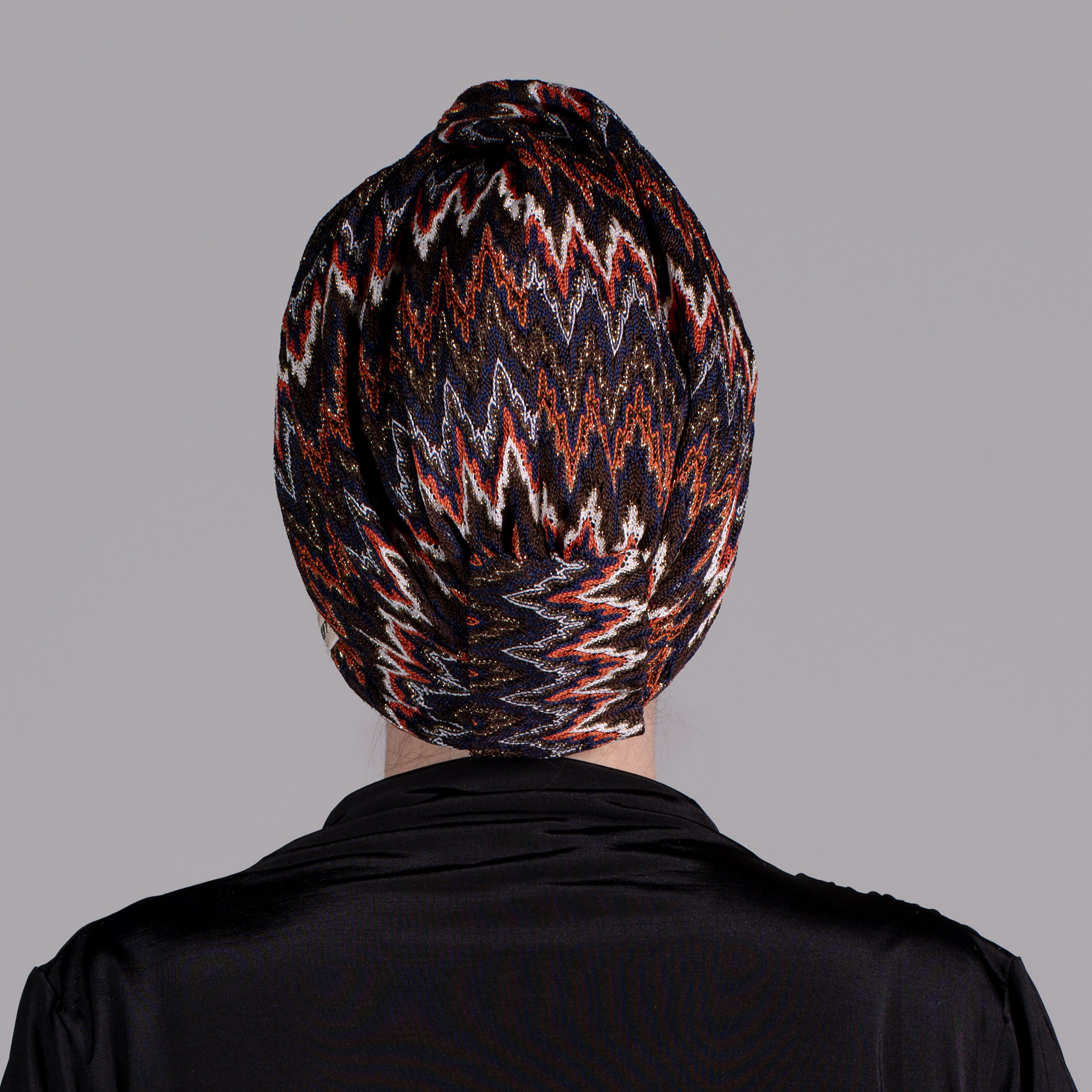 Twisted Zigzag Patterned Bonnet - Stretchy Knit Fabric - Orange, Brown, Glittery/Multicolored - Twisted Zigzag Orange Bonnet - BitterColors