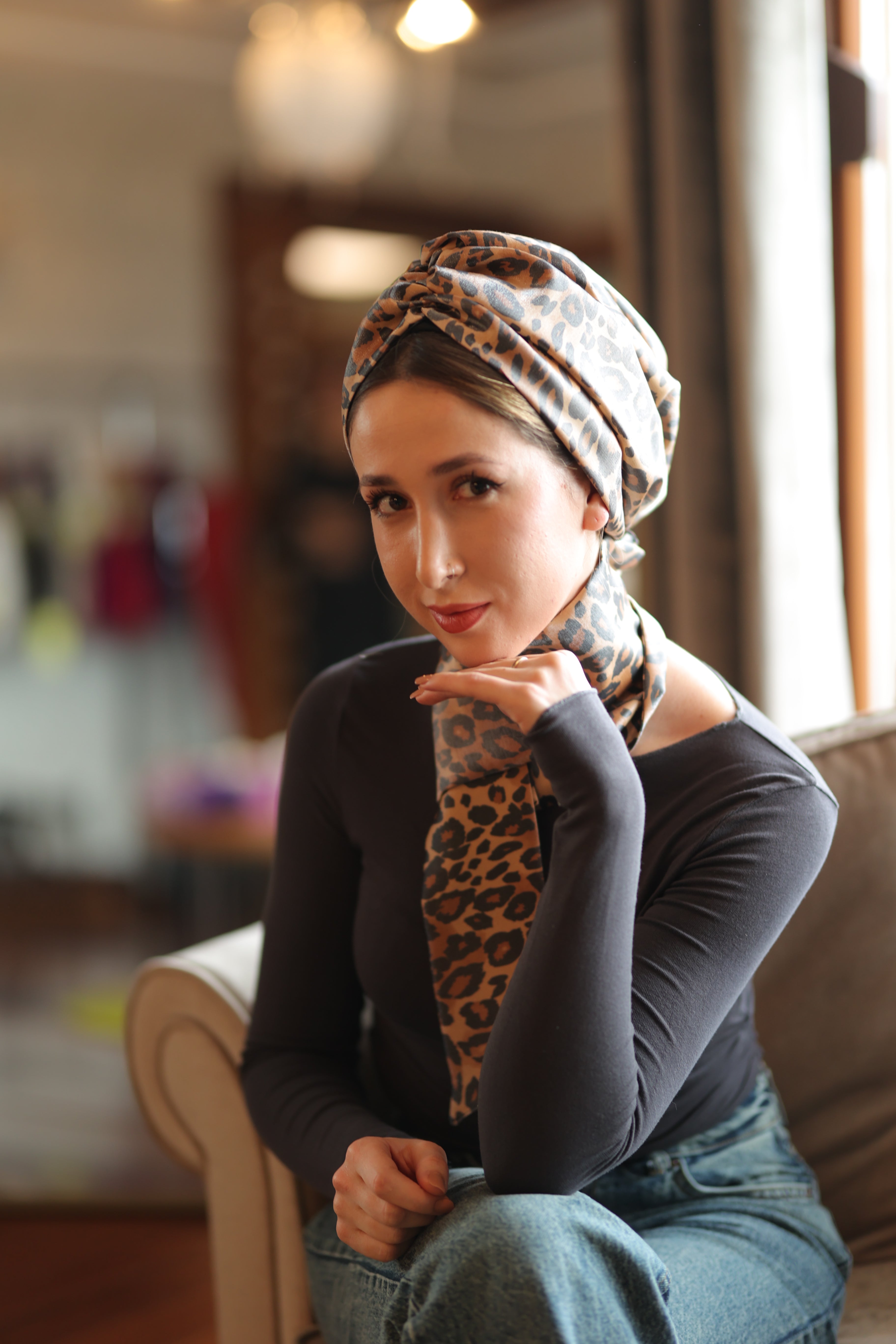 Esra Tokelli Leopar Desenli Penye Astarlı Büzgülü Bone - Kullanıma Hazır Bone - Çok Renkli - BitterColors